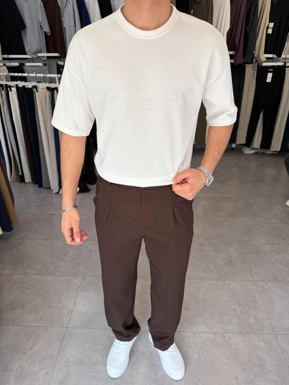 %100 Pamuk Oversize Waffle Basic Tişört Ekru