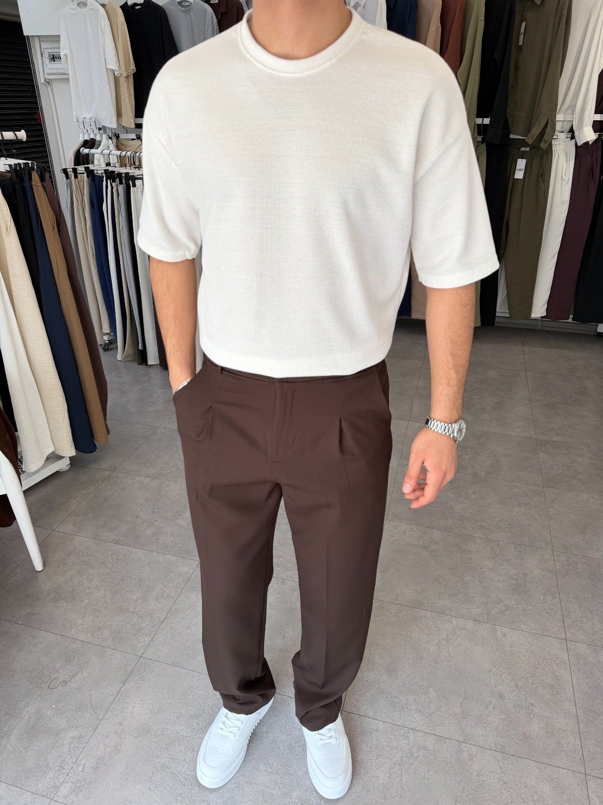 %100 Pamuk Oversize Waffle Basic Tişört Ekru