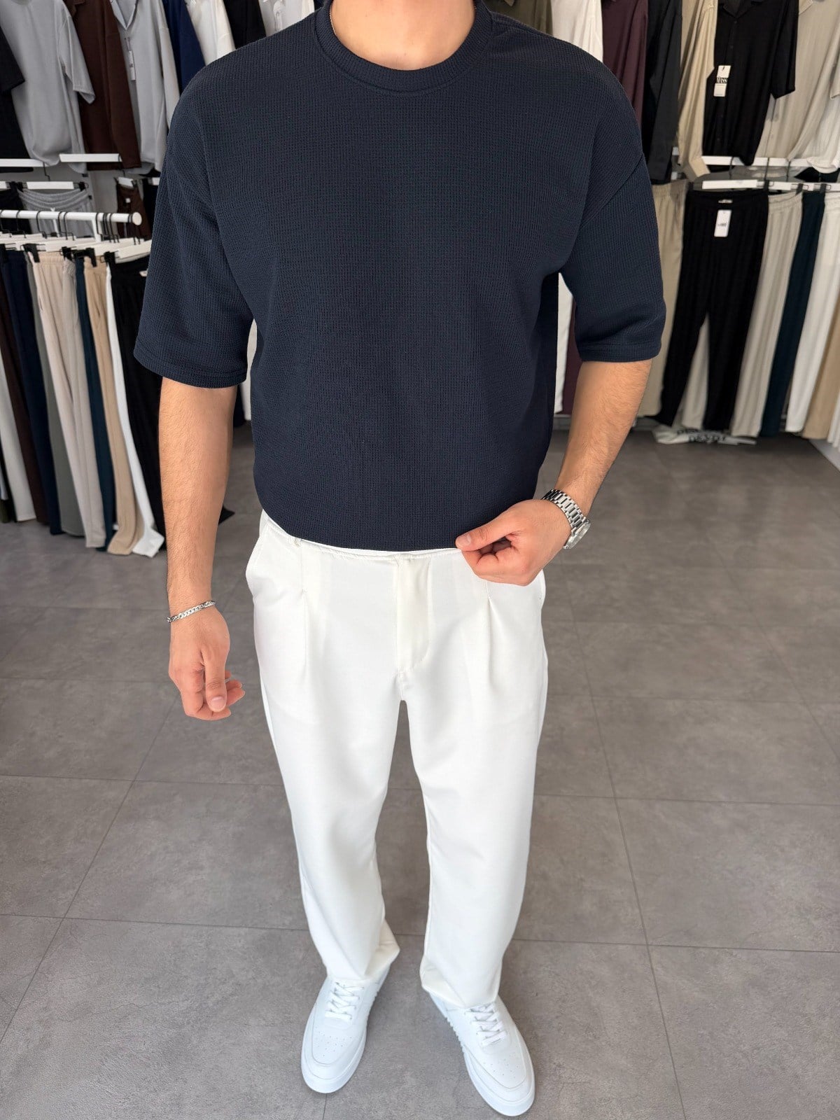 %100 Pamuk Oversize Waffle Basic Tişört Lacivert