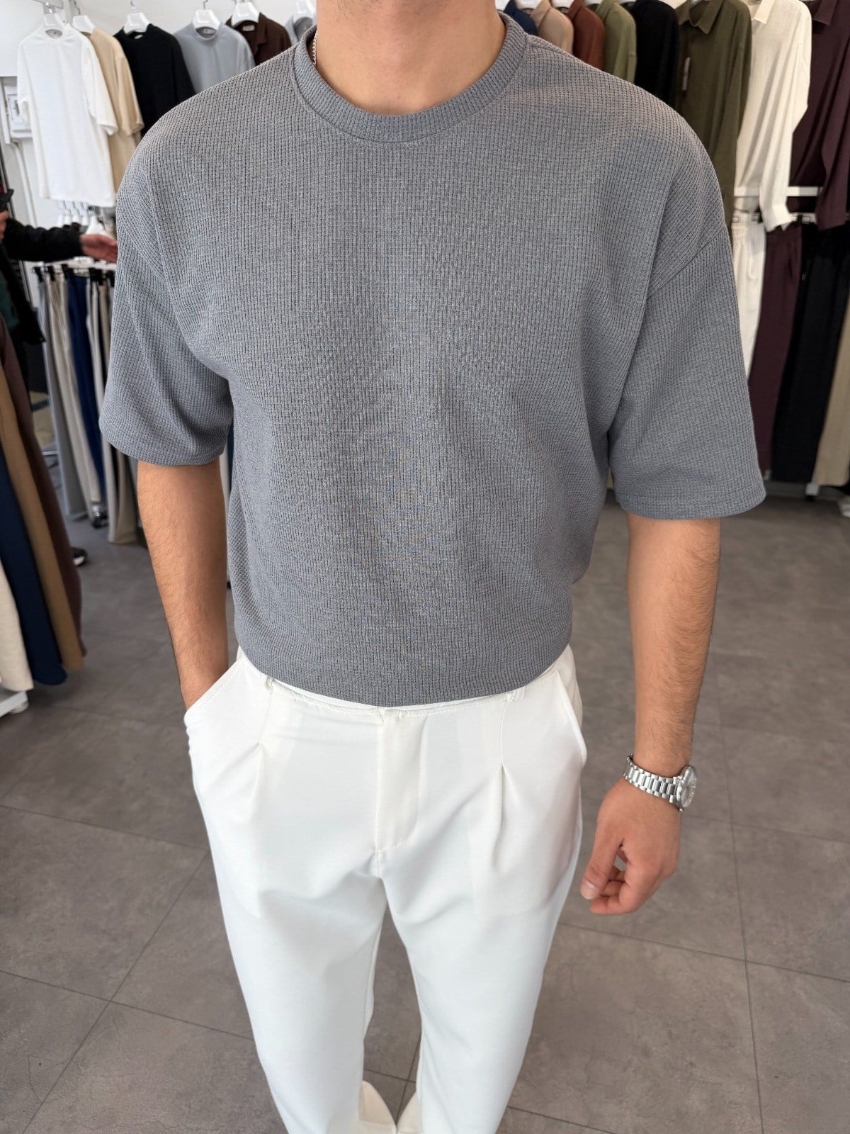 %100 Pamuk Oversize Waffle Basic Tişört Gri