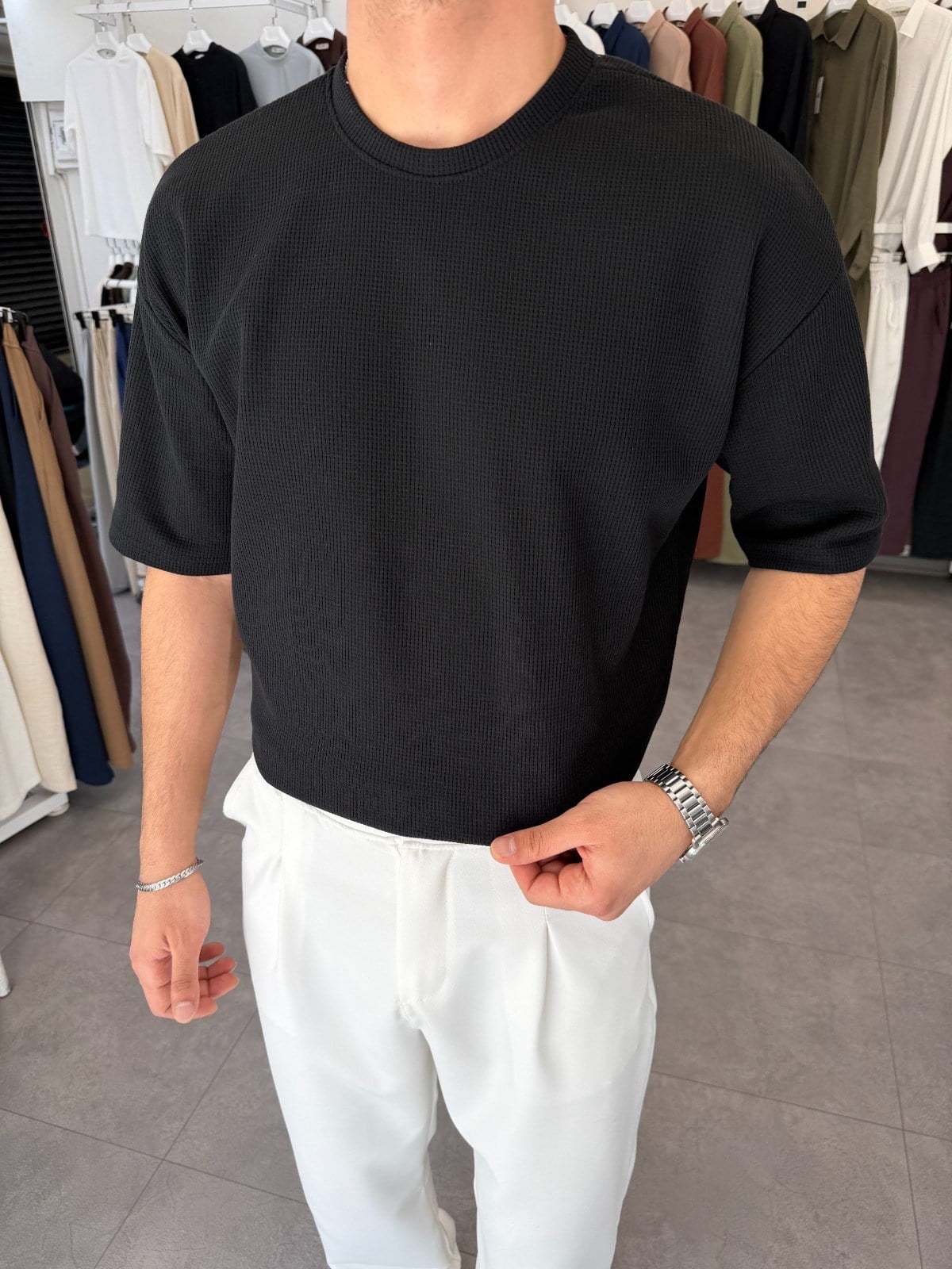 %100 Pamuk Oversize Waffle Basic Tişört Siyah