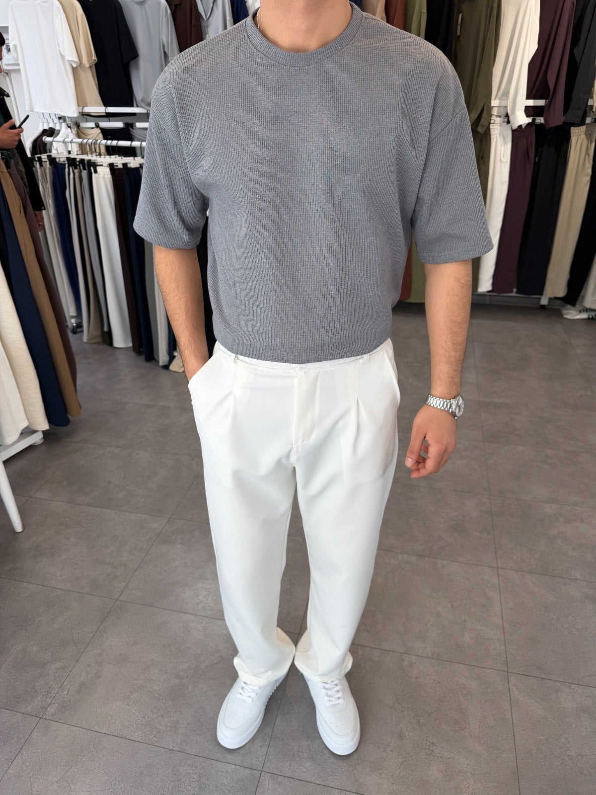 %100 Pamuk Oversize Waffle Basic Tişört Gri