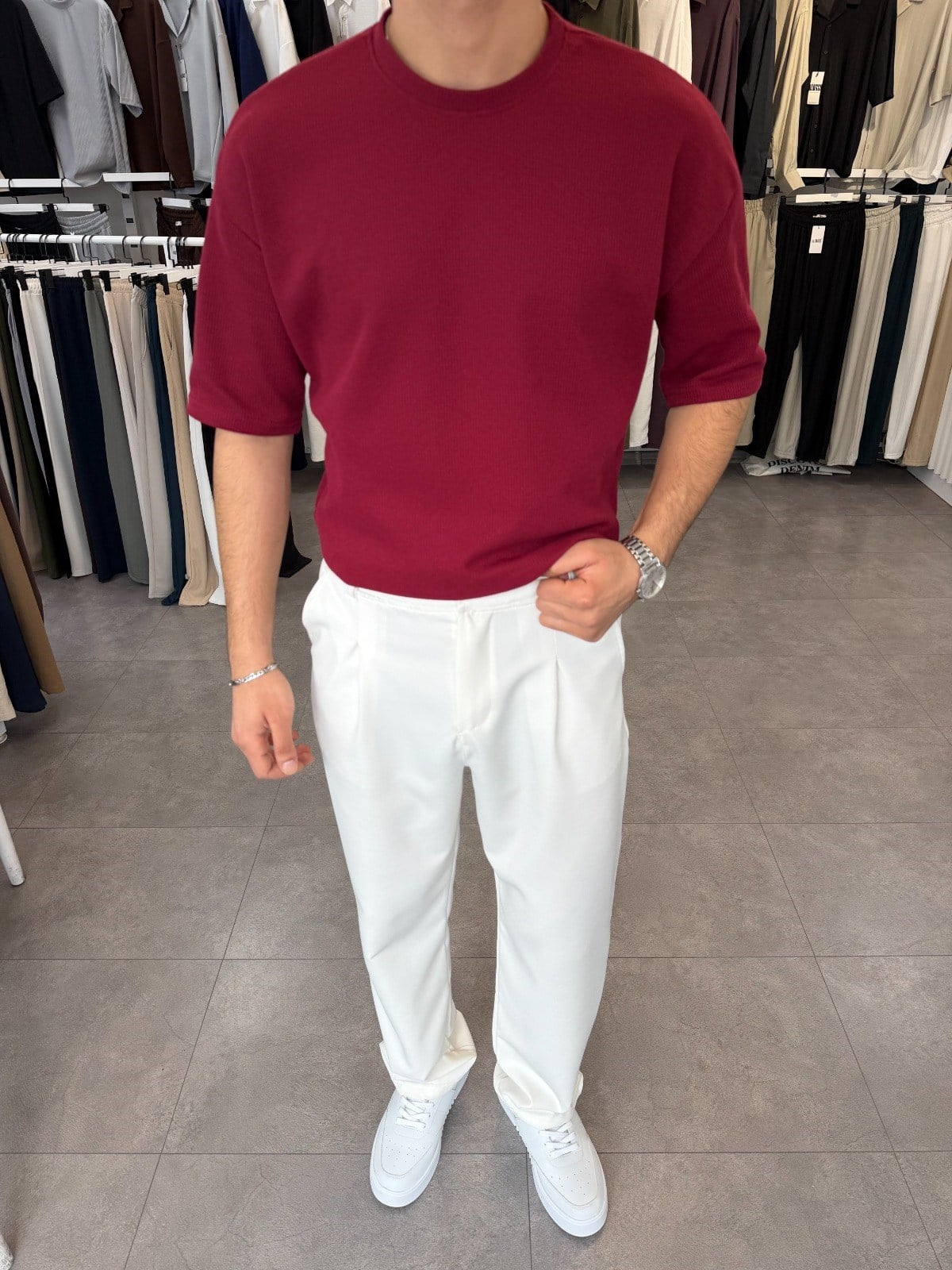 %100 Pamuk Oversize Waffle Basic Tişört Bordo