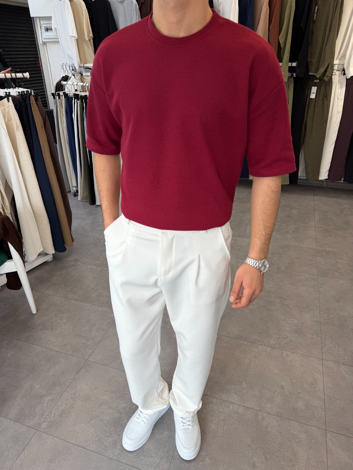 %100 Pamuk Oversize Waffle Basic Tişört Bordo