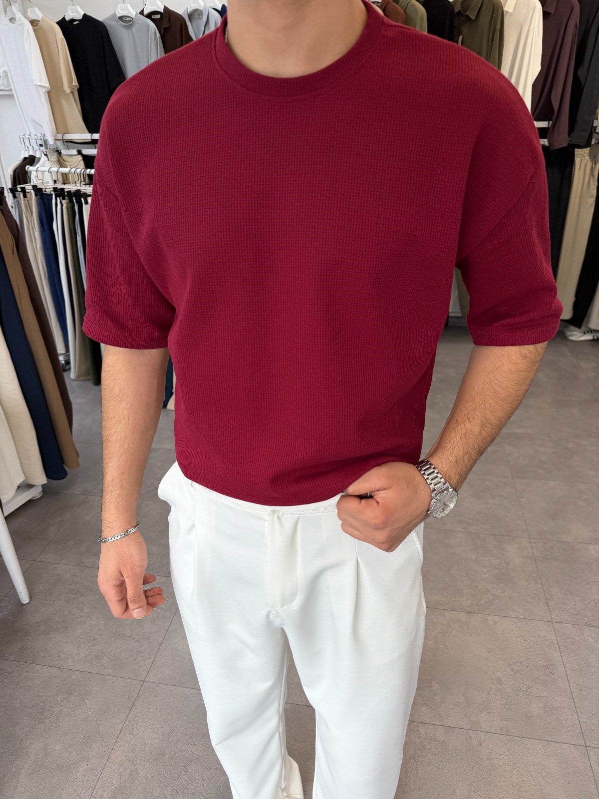 %100 Pamuk Oversize Waffle Basic Tişört Bordo