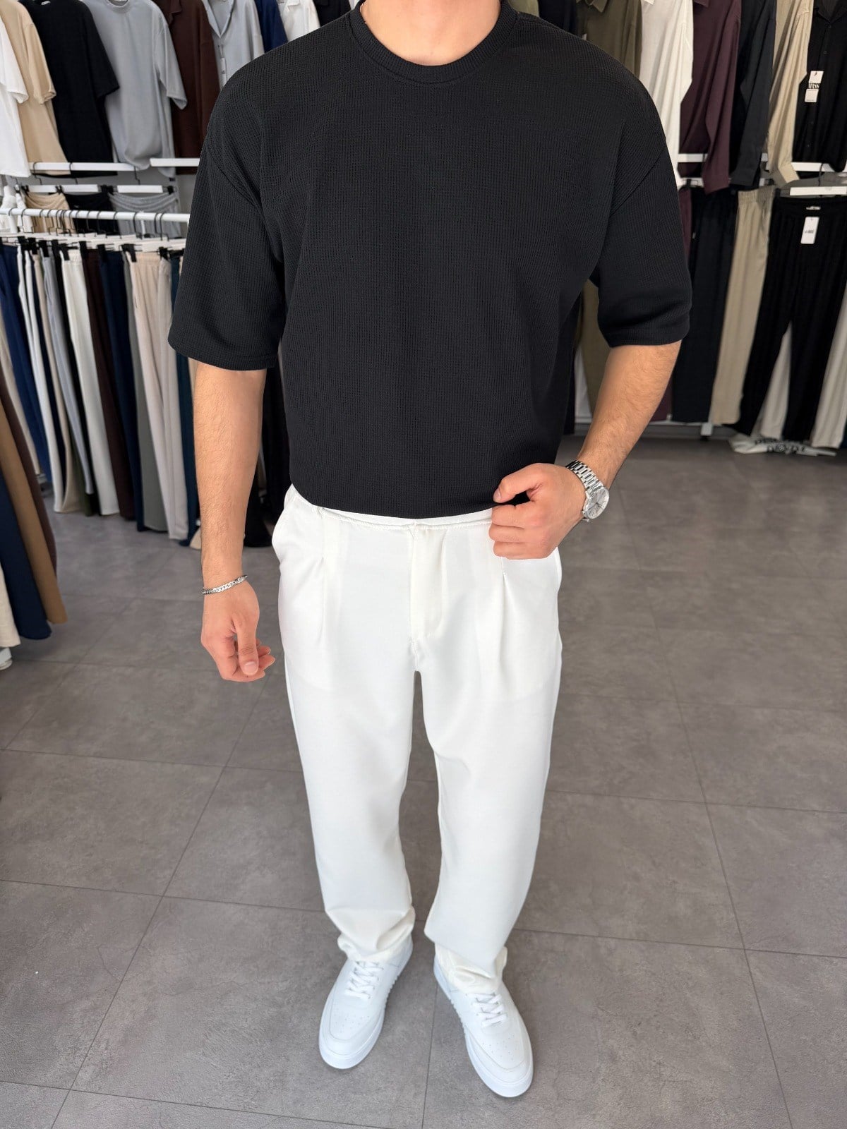 %100 Pamuk Oversize Waffle Basic Tişört Siyah