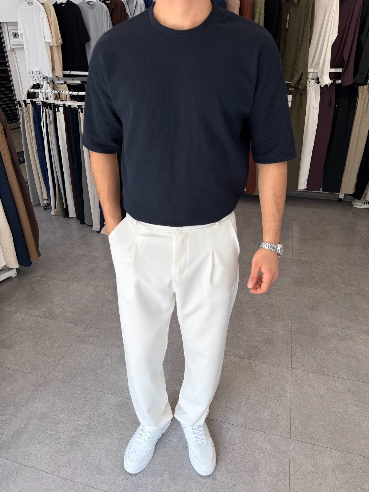 %100 Pamuk Oversize Waffle Basic Tişört Lacivert