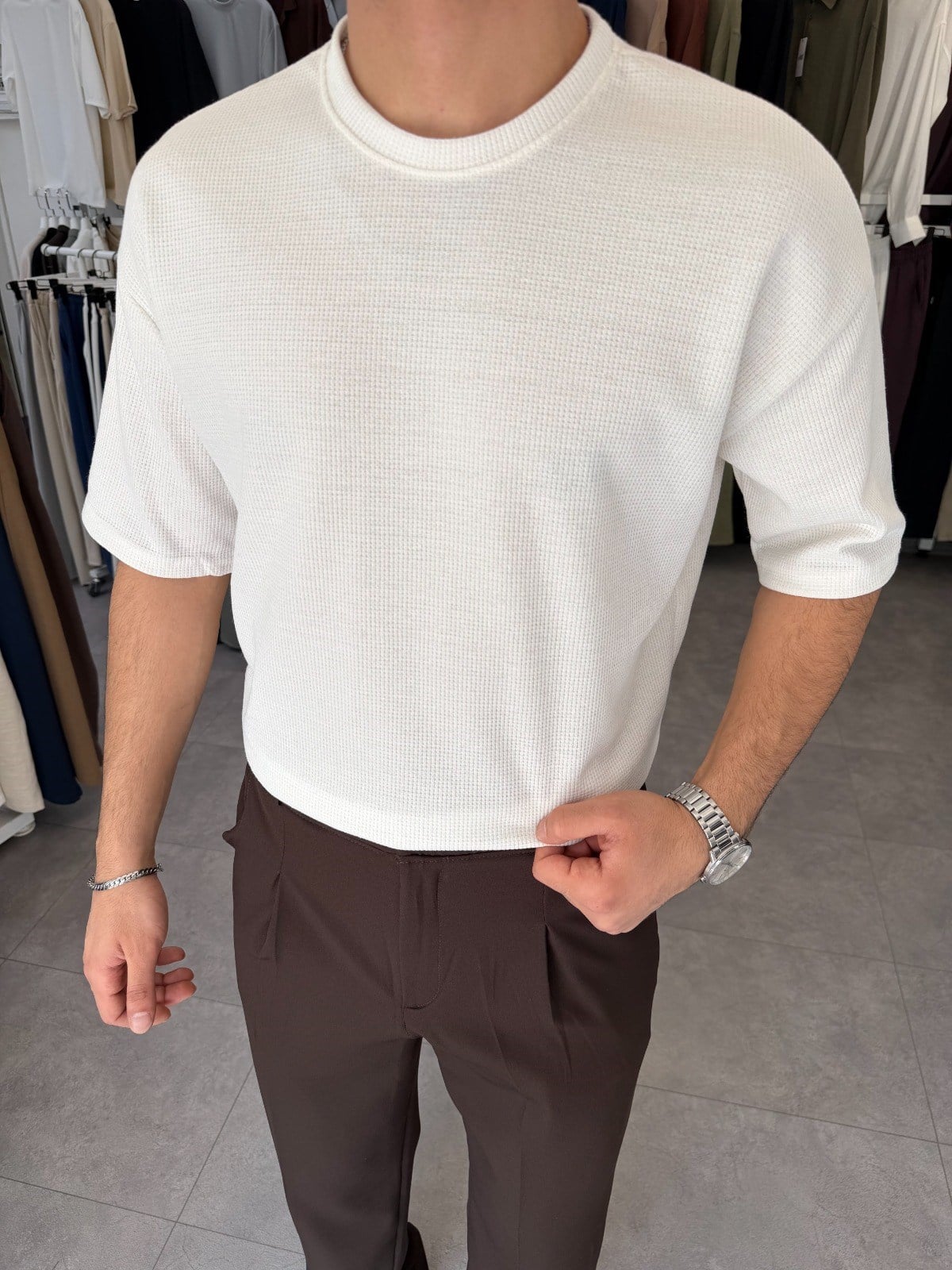 %100 Pamuk Oversize Waffle Basic Tişört Ekru