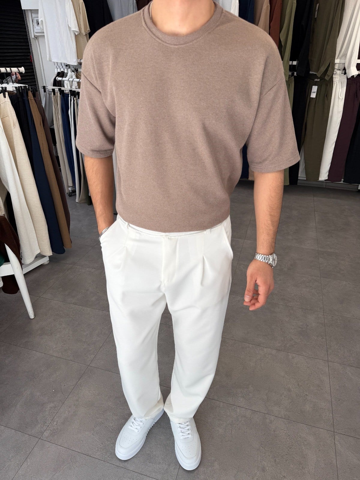 %100 Pamuk Oversize Waffle Basic Tişört Bej