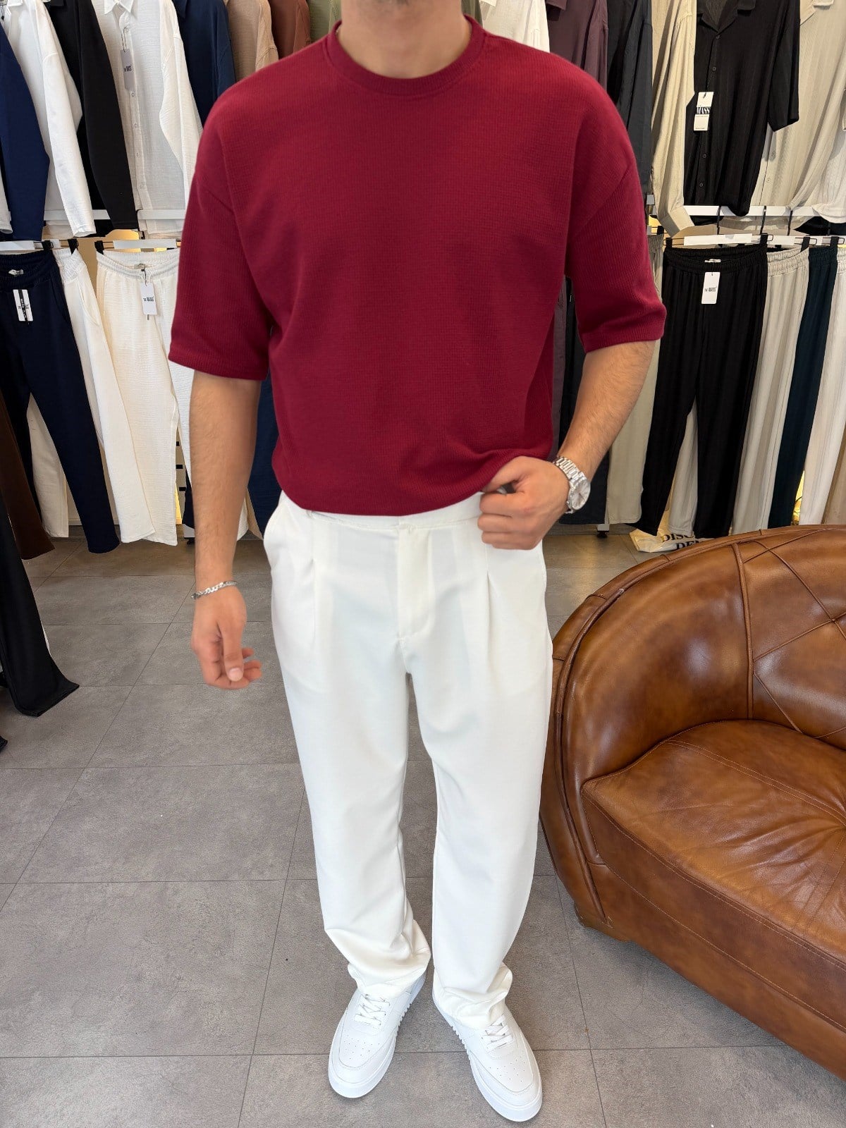 %100 Pamuk Oversize Waffle Basic Tişört Bordo