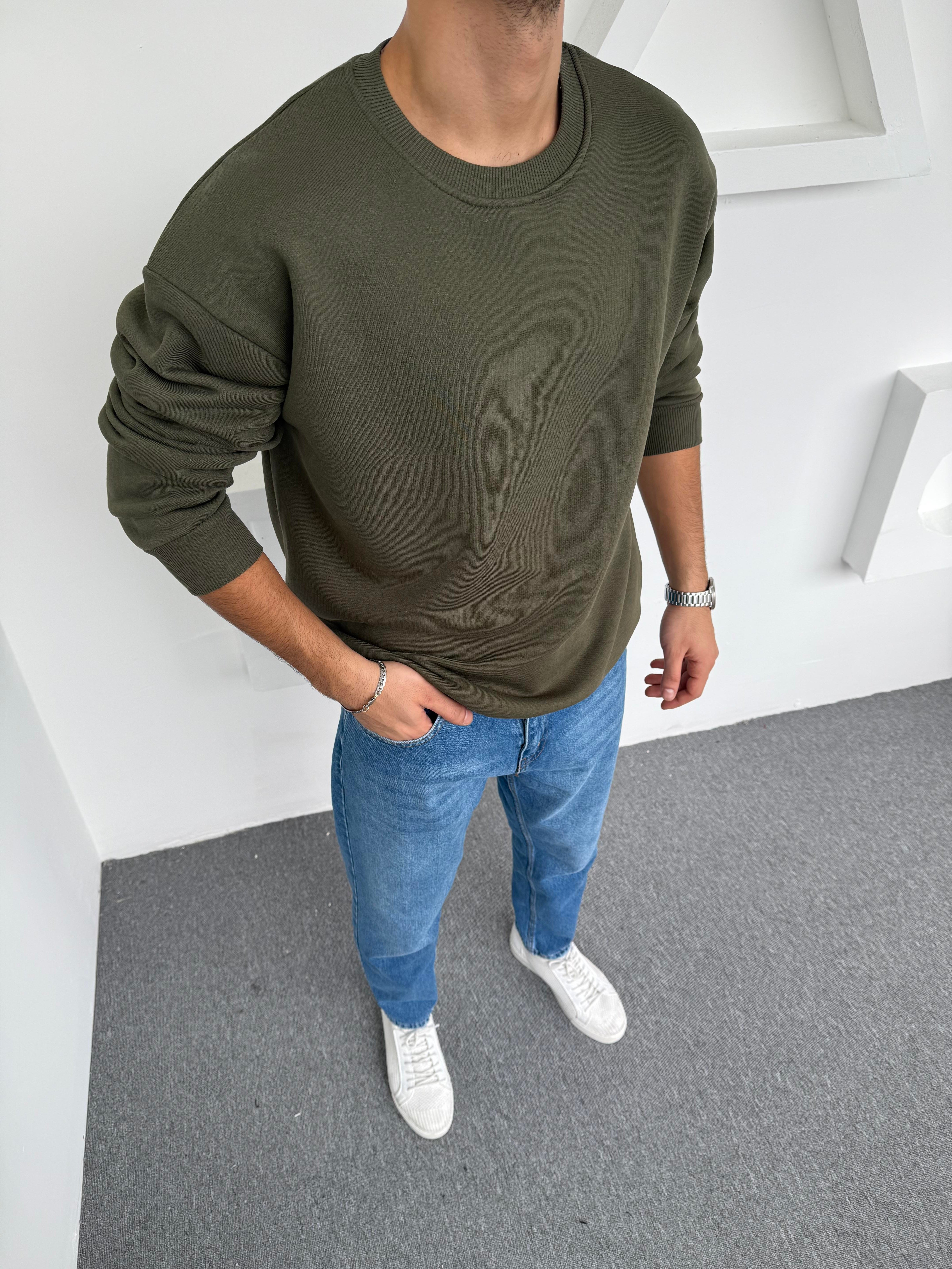 3 iplik Şardonlu Basic Sweatshirt Haki