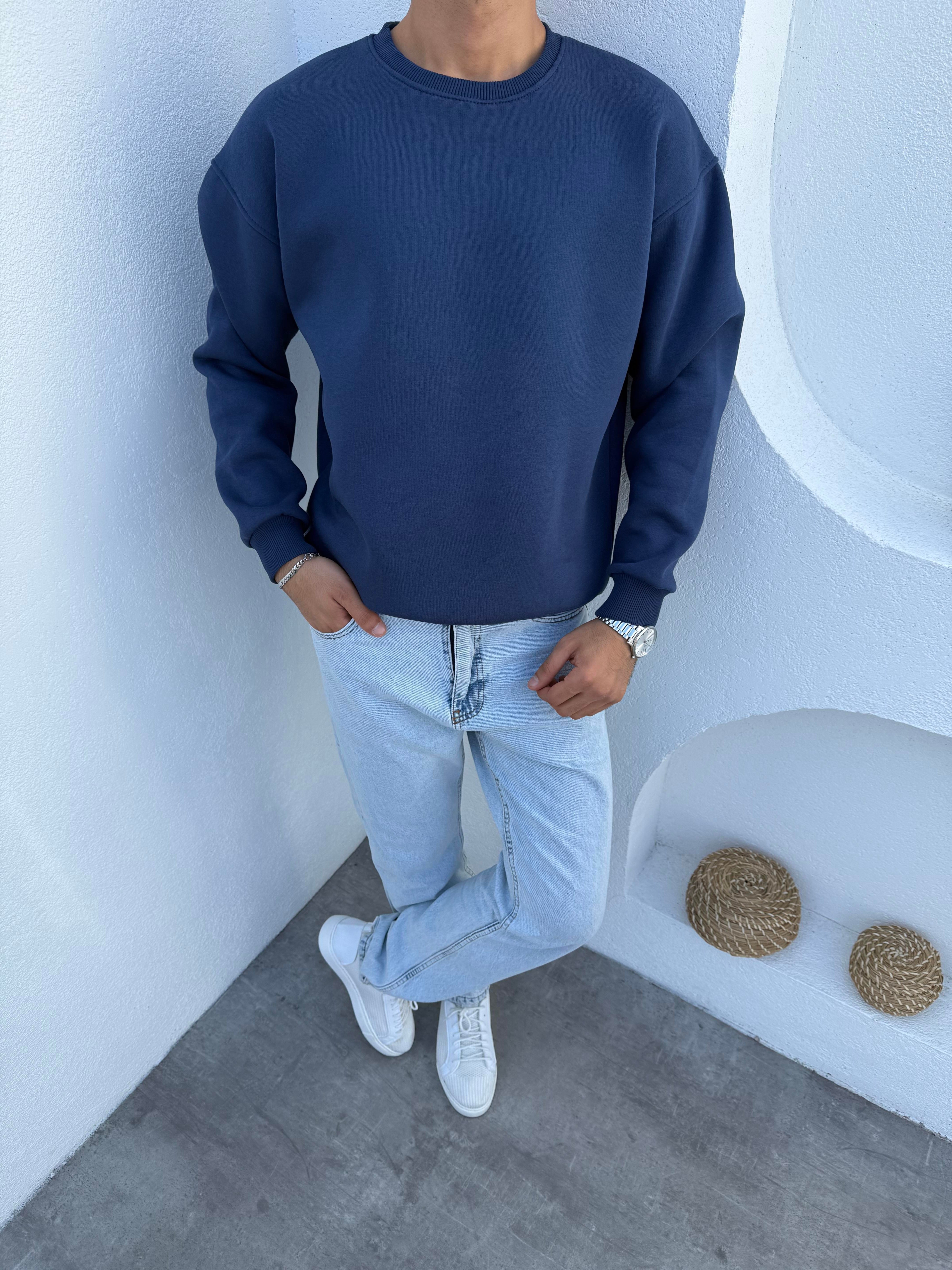 3 iplik Şardonlu Basic Sweatshirt Lacivert