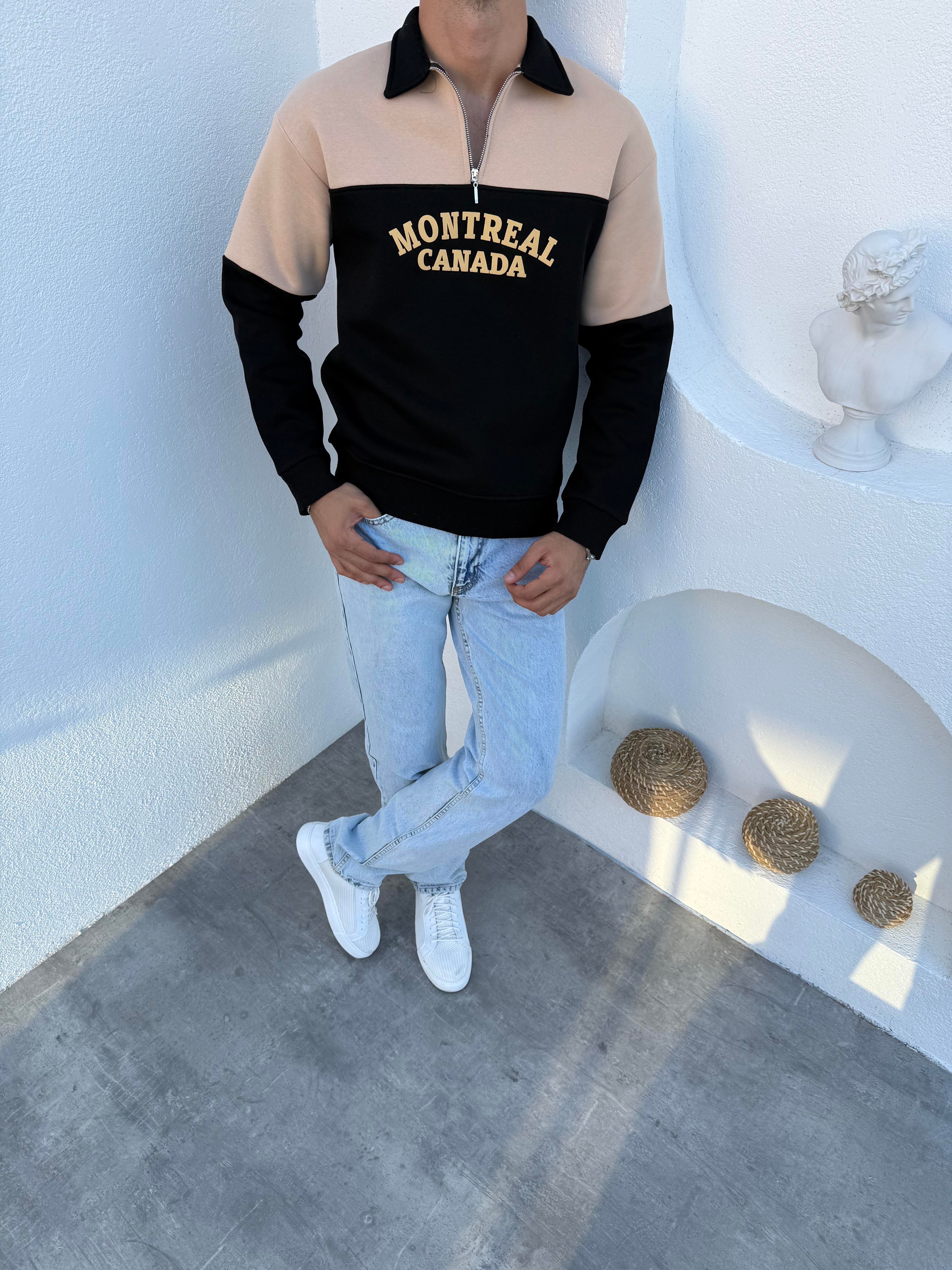 3 İplik Şardonlu Yarım Fermuar Montreal Sweatshirt Siyah