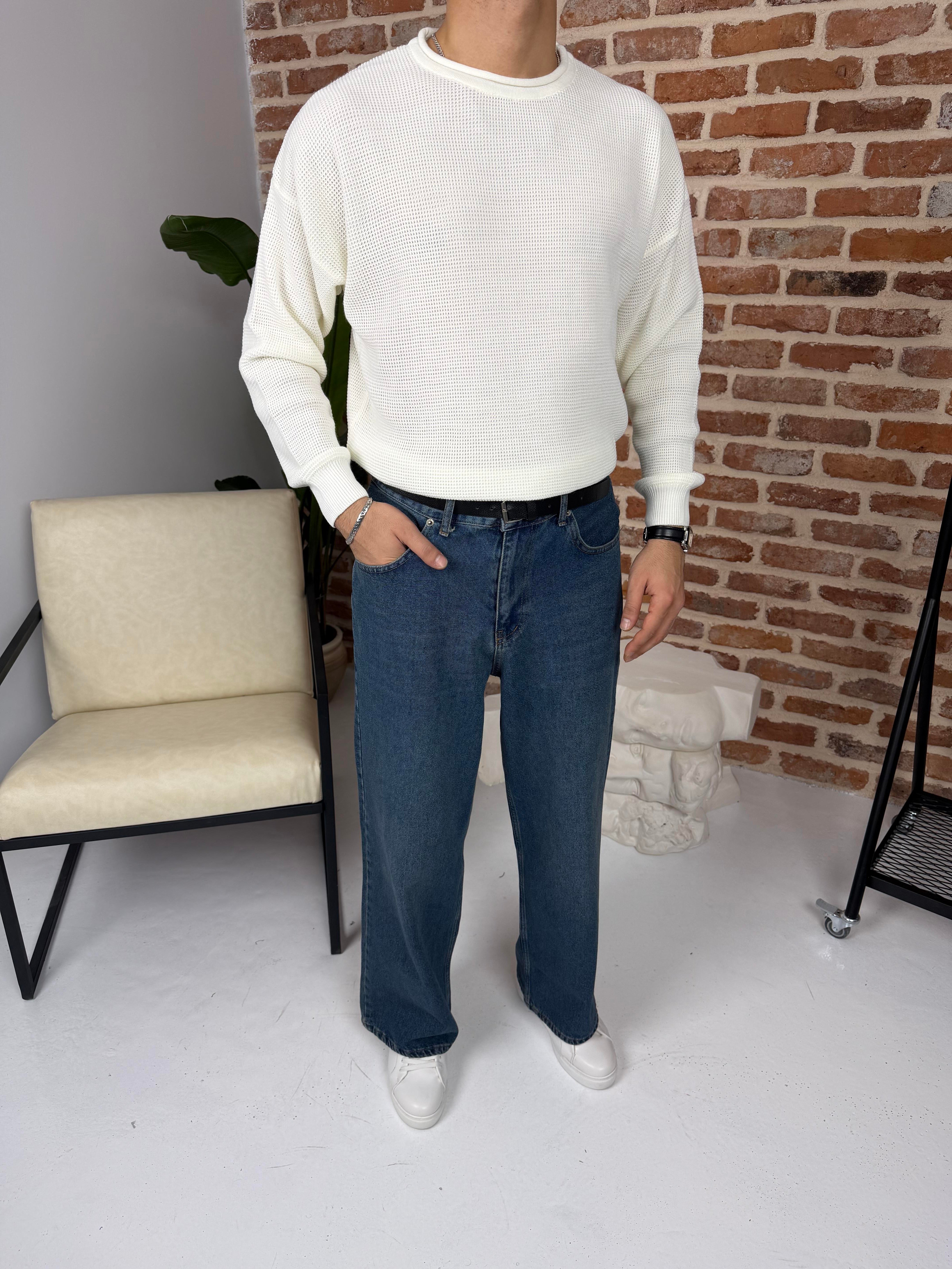 Açık Yaka Triko Kazak Ekru