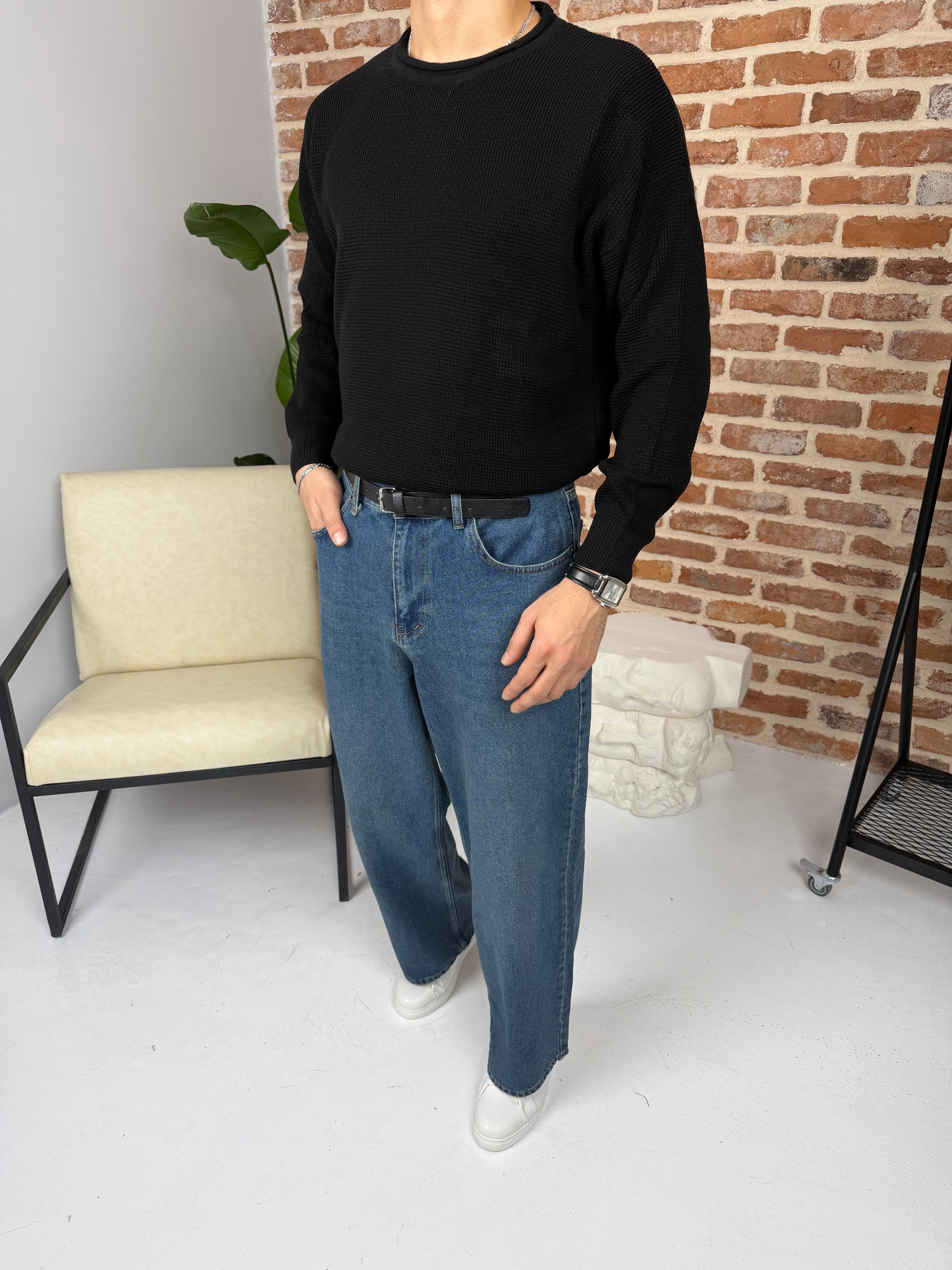 Açık Yaka Triko Kazak Siyah