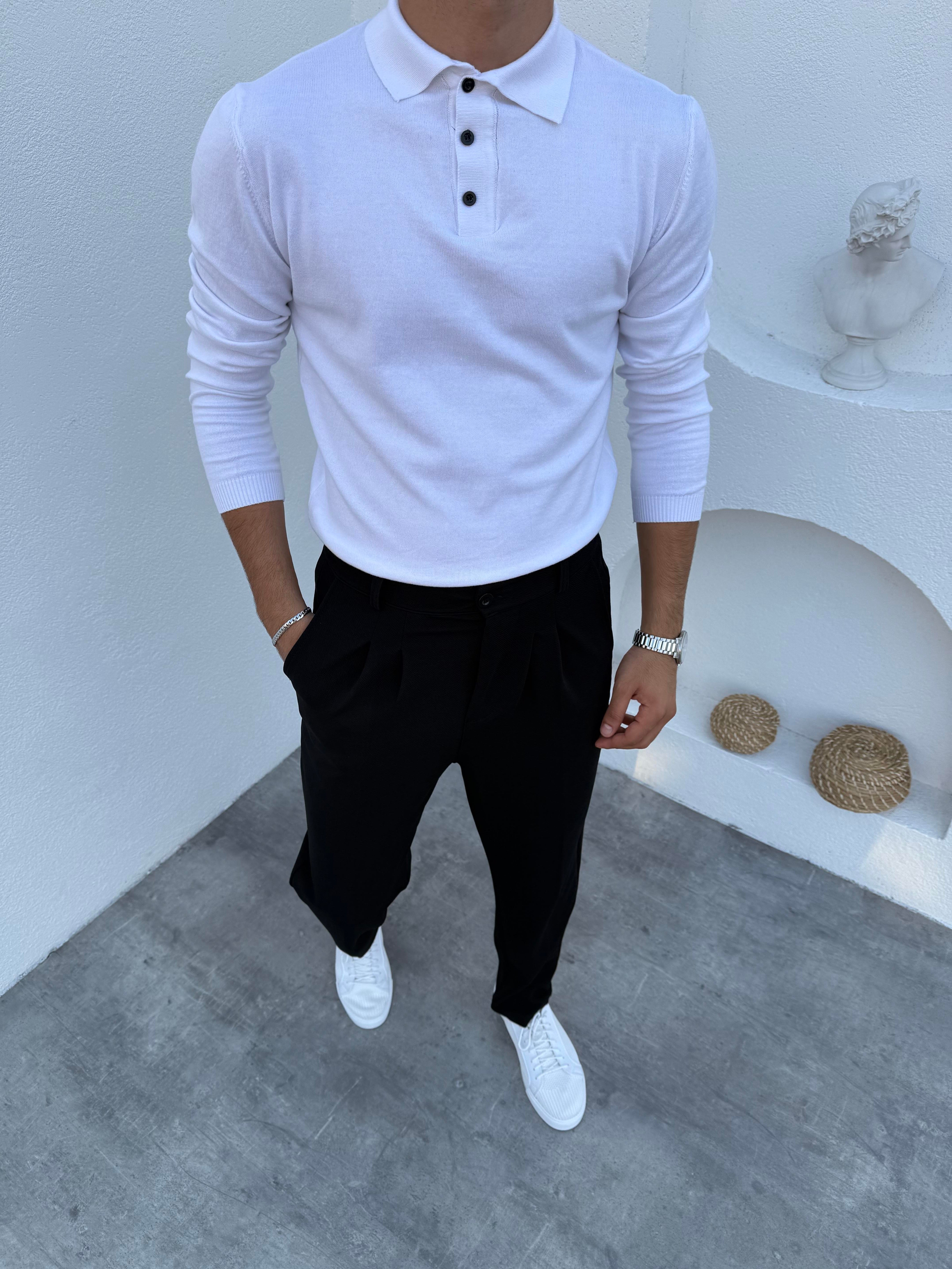 Basic Düğmeli Polo Yaka Triko Kazak Beyaz