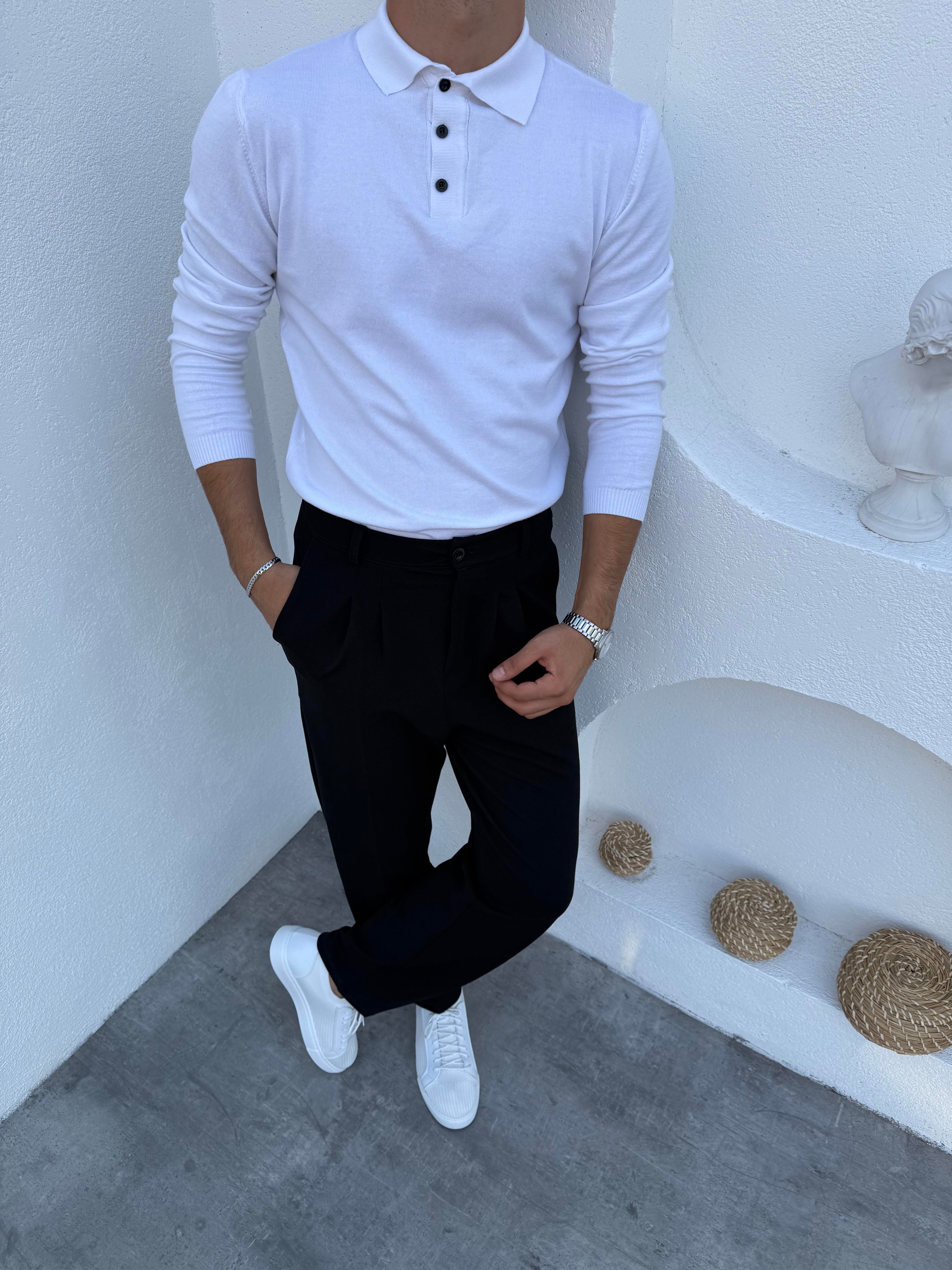 Basic Düğmeli Polo Yaka Triko Kazak Beyaz