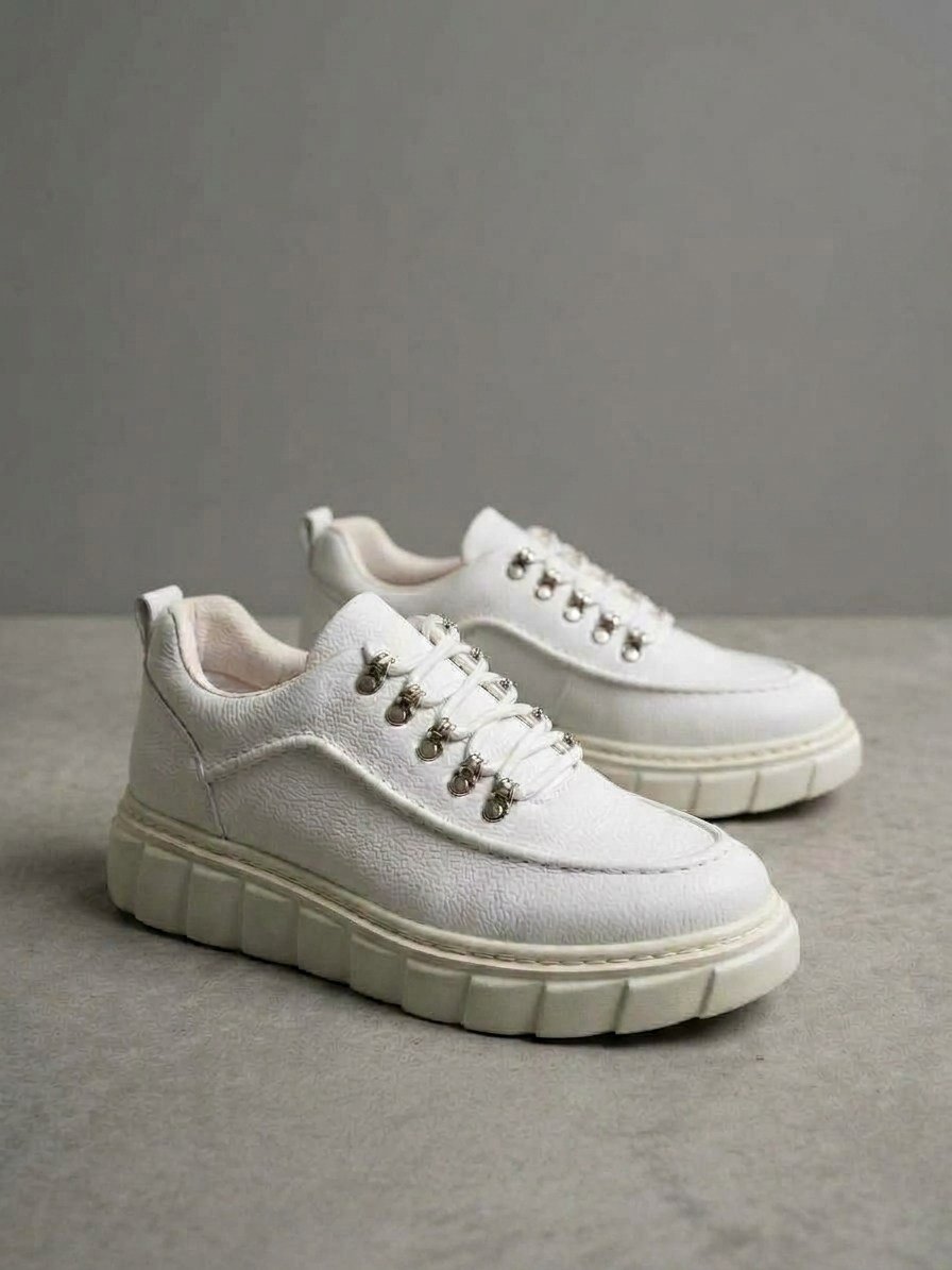 Beyaz Doku Deri Platform Taban Erkek Sneaker