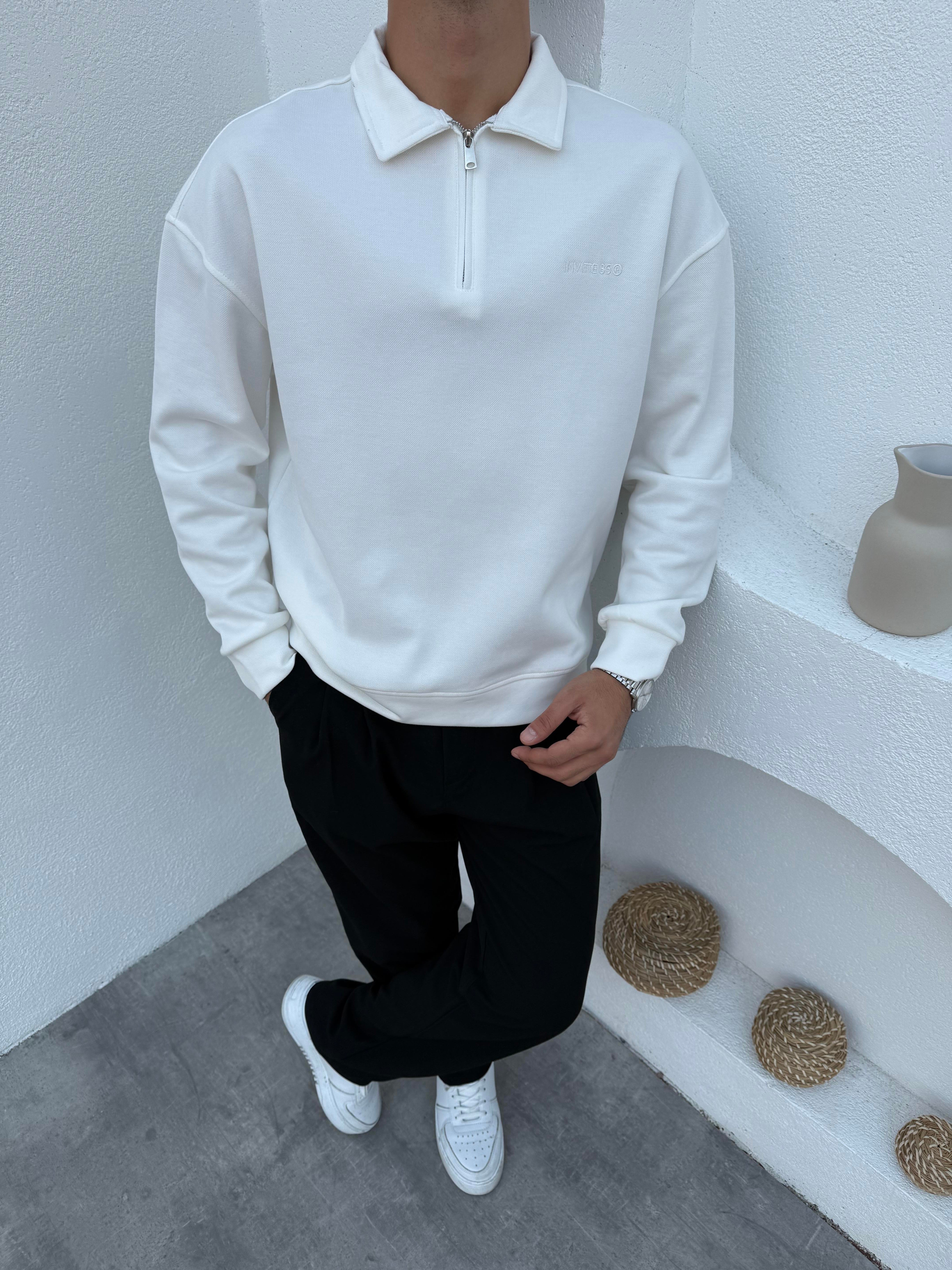 Çelik Örme Pike Sweatshirt Beyaz