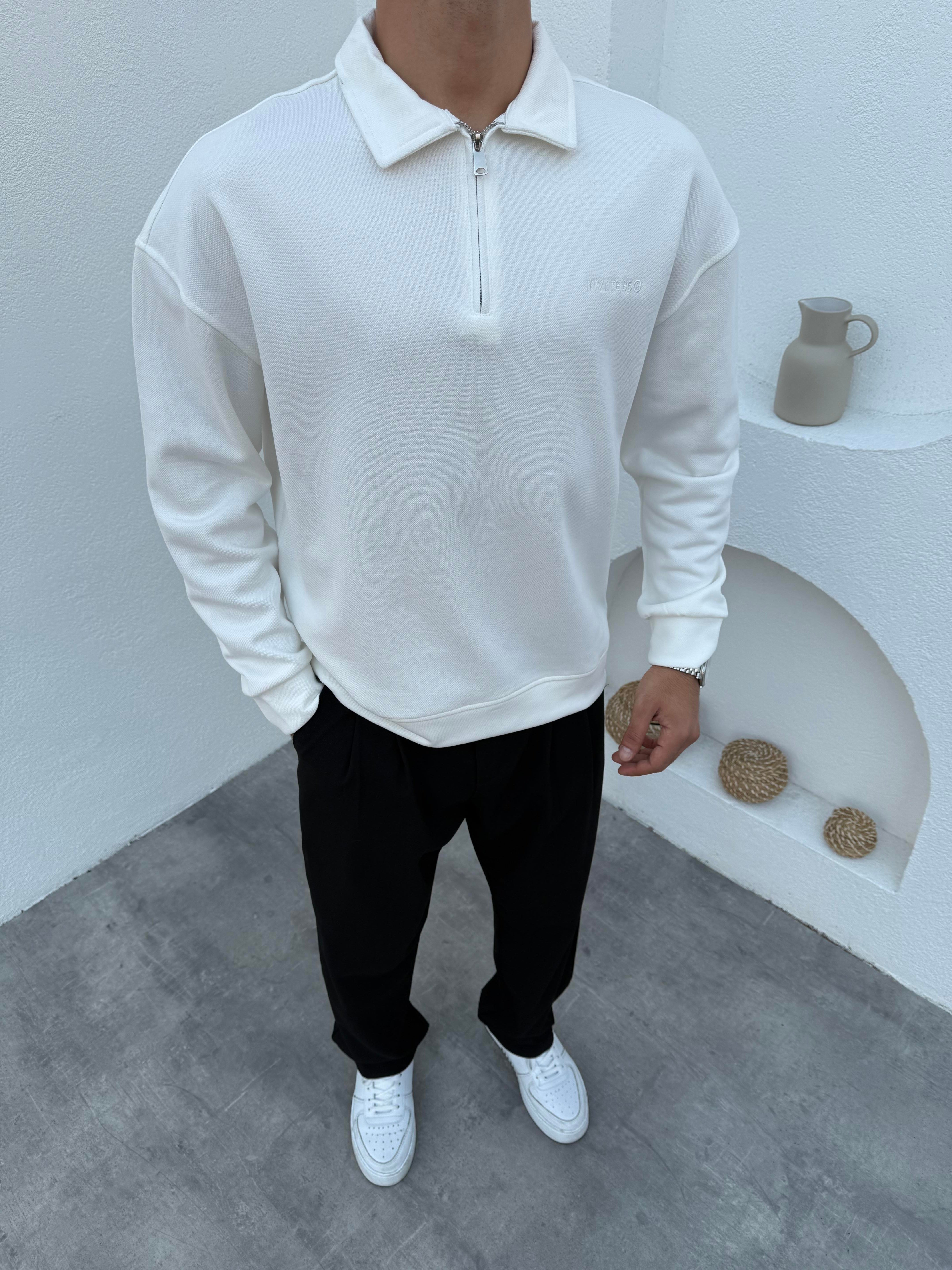 Çelik Örme Pike Sweatshirt Beyaz