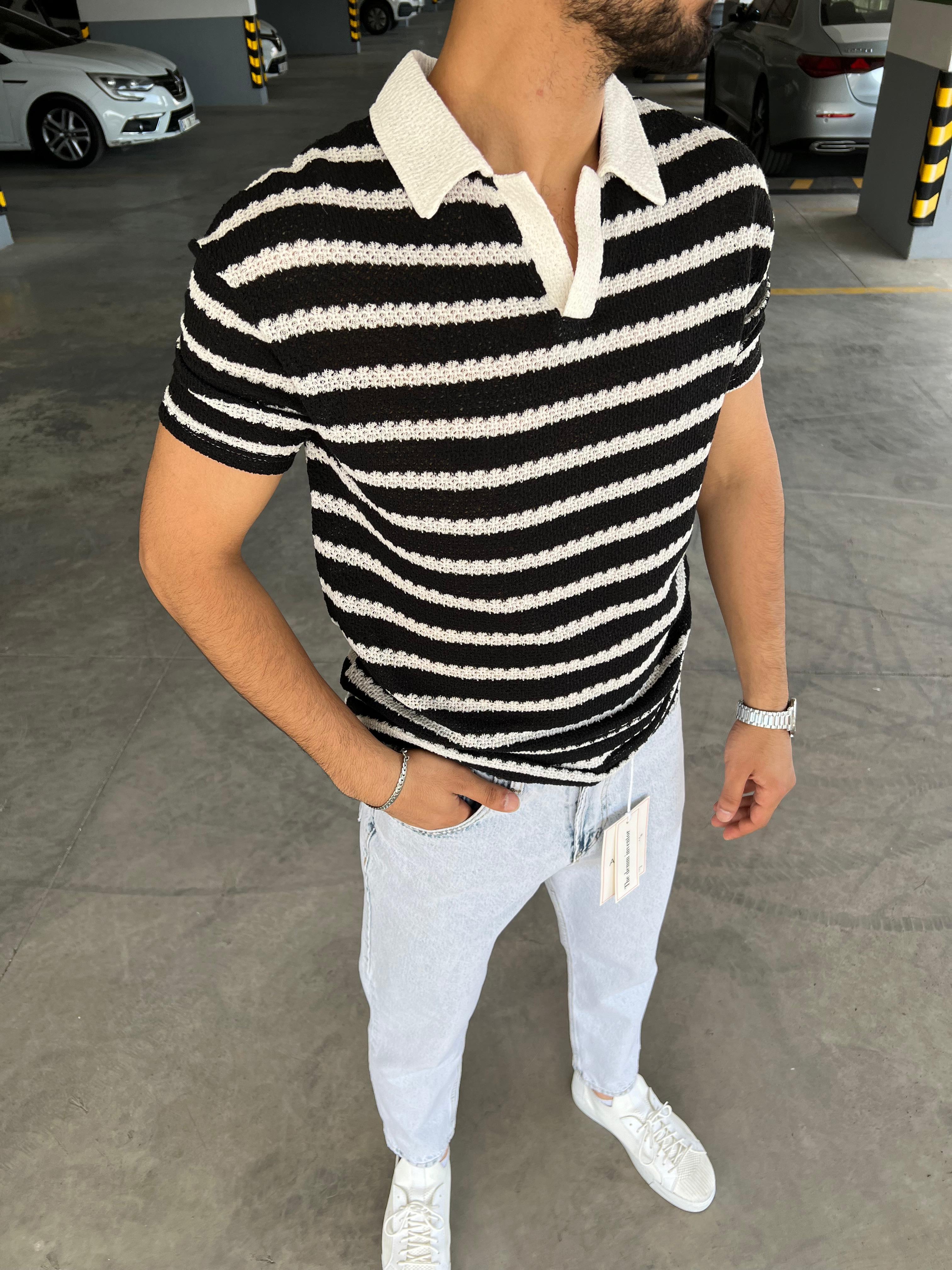 Çizgi Detaylı Polo Yaka Örme Tişört Siyah