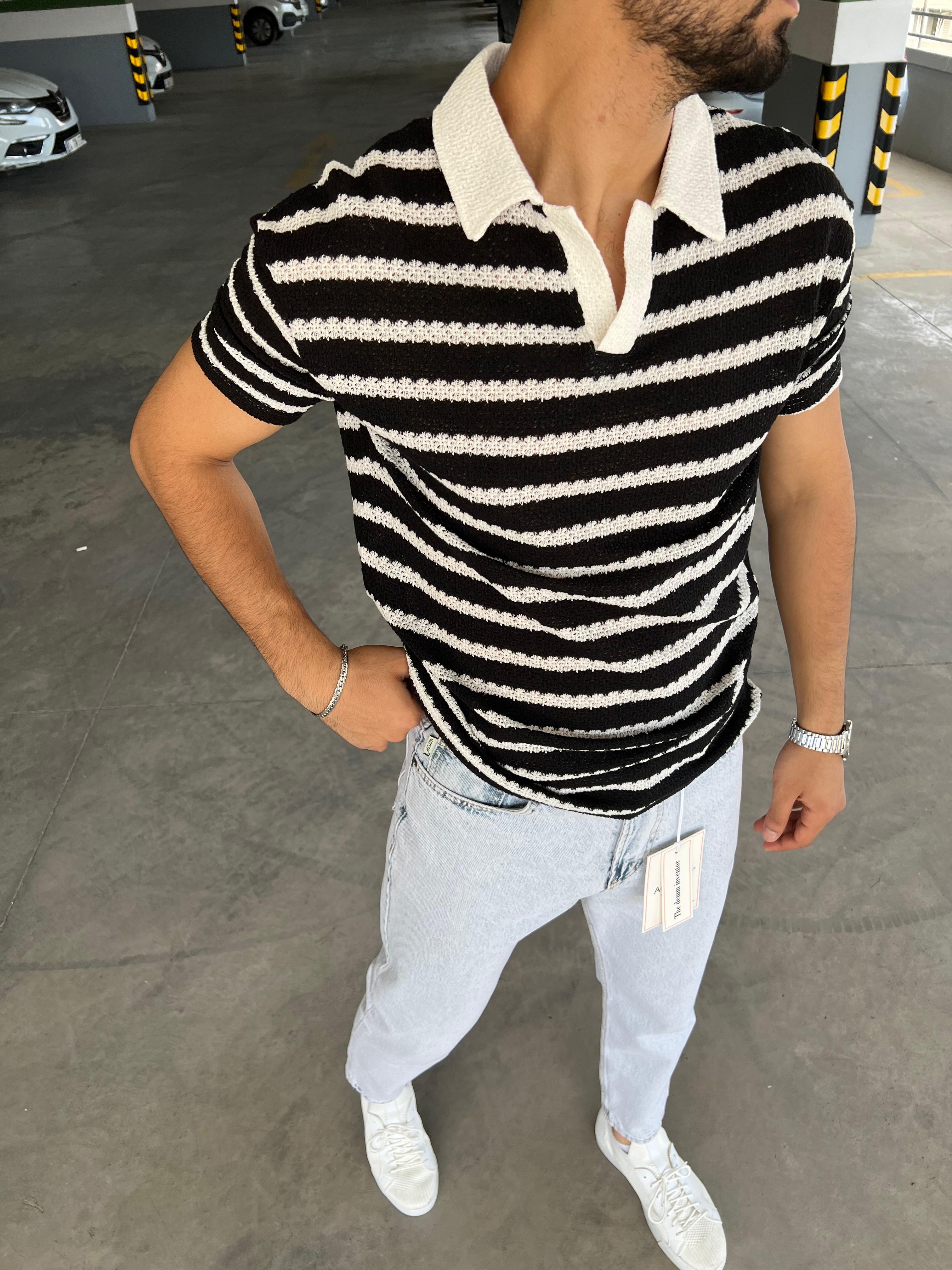 Çizgi Detaylı Polo Yaka Örme Tişört Siyah