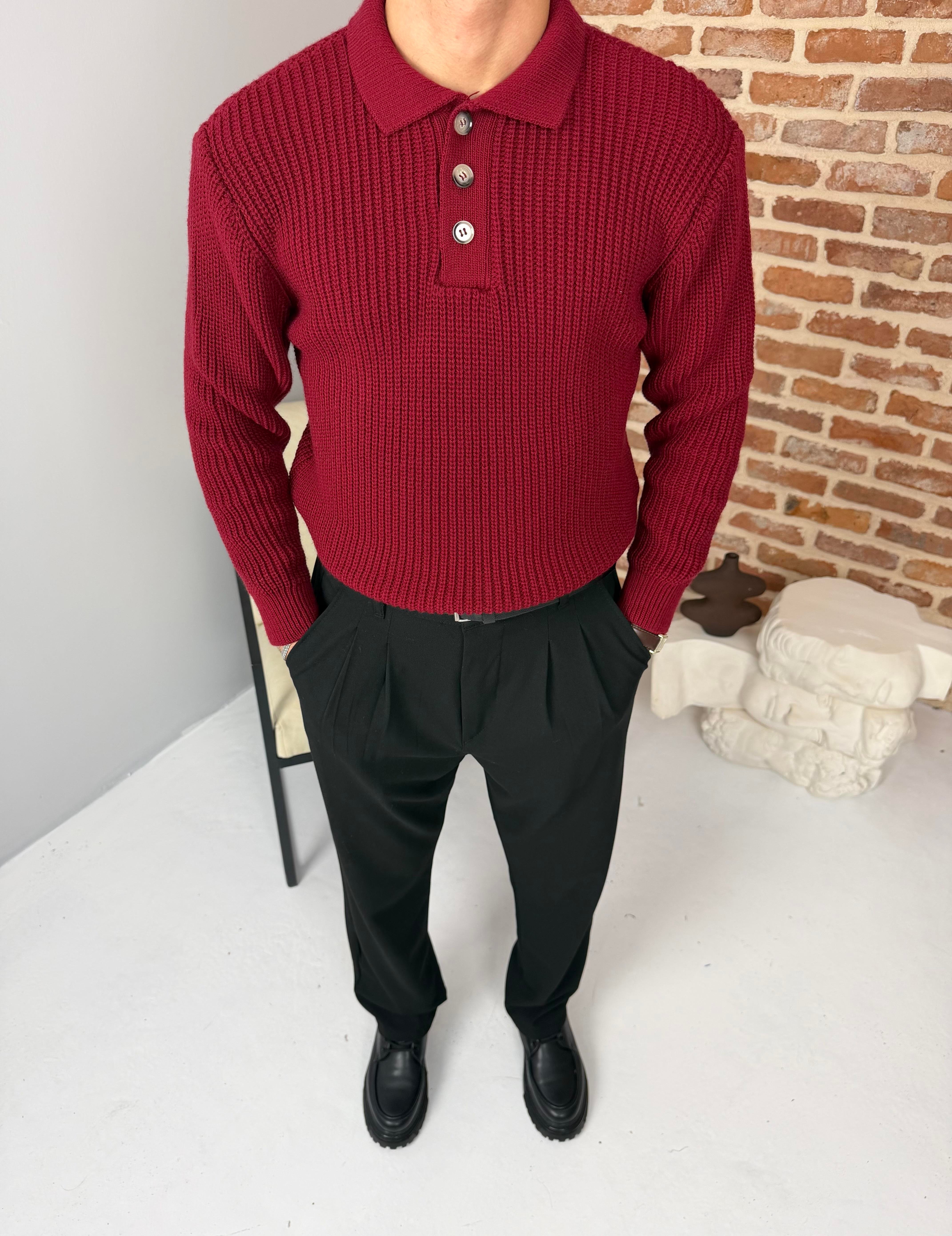 Düğmeli Selanik Örme Polo Yaka Triko Kazak Bordo