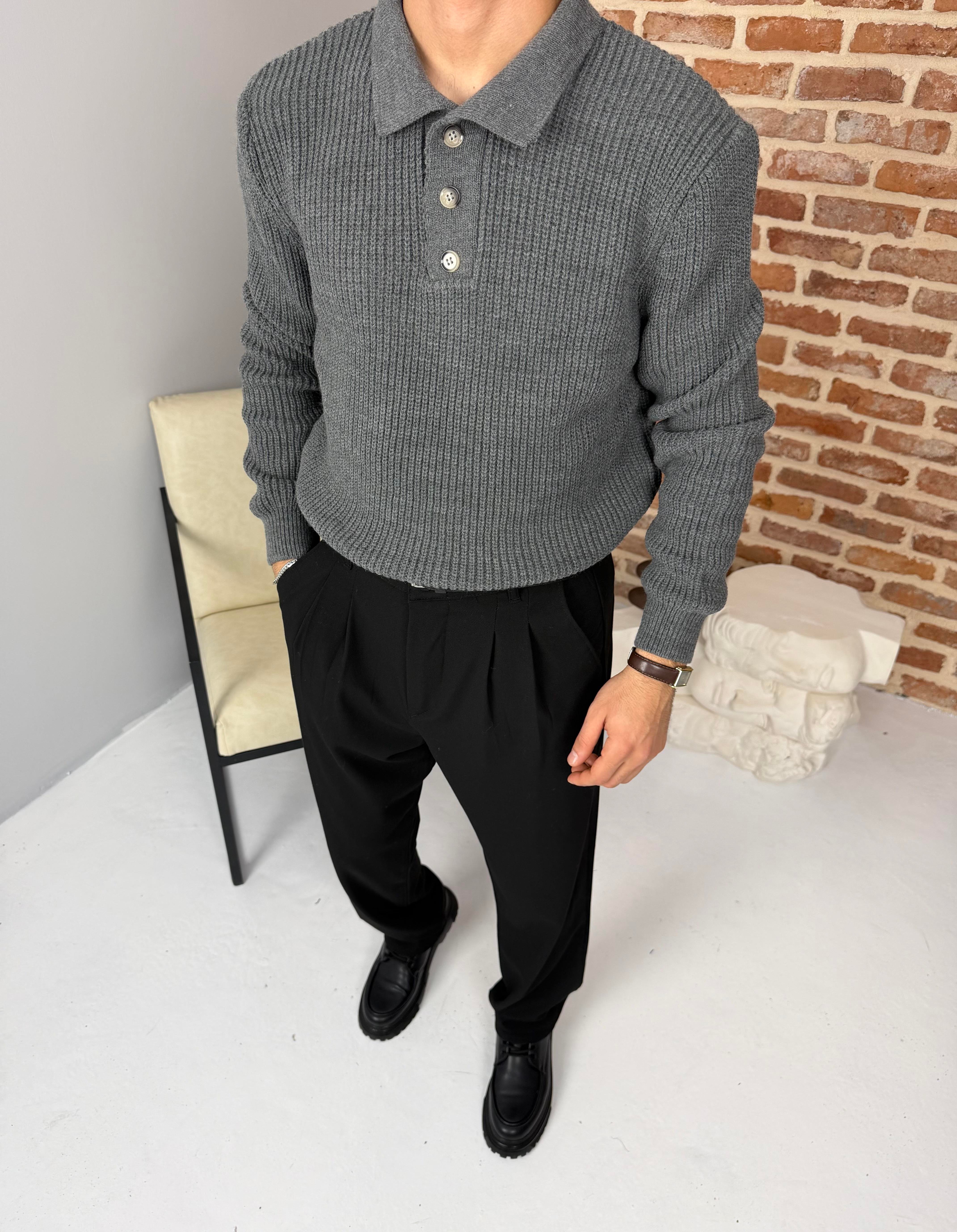 Düğmeli Selanik Örme Polo Yaka Triko Kazak Antrasit