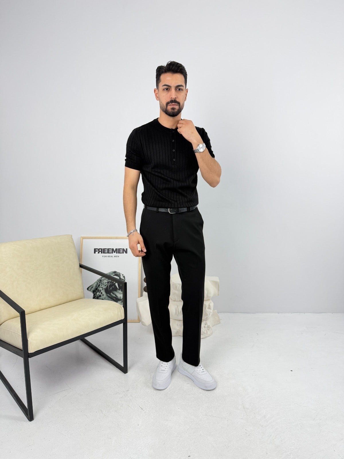 Henley Pamuk Triko Siyah