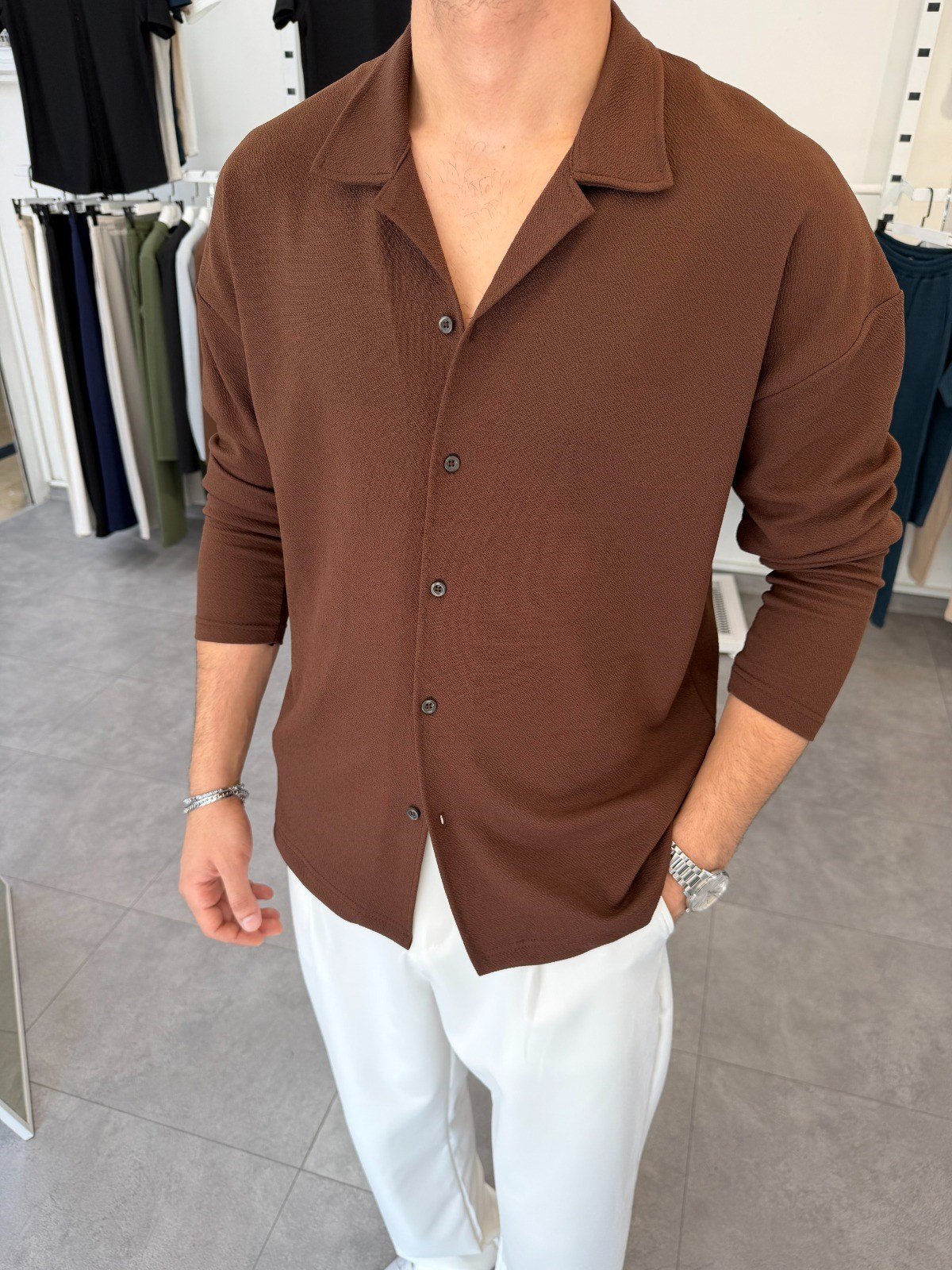 İthal Krep Oversize Gömlek Acı Kahve