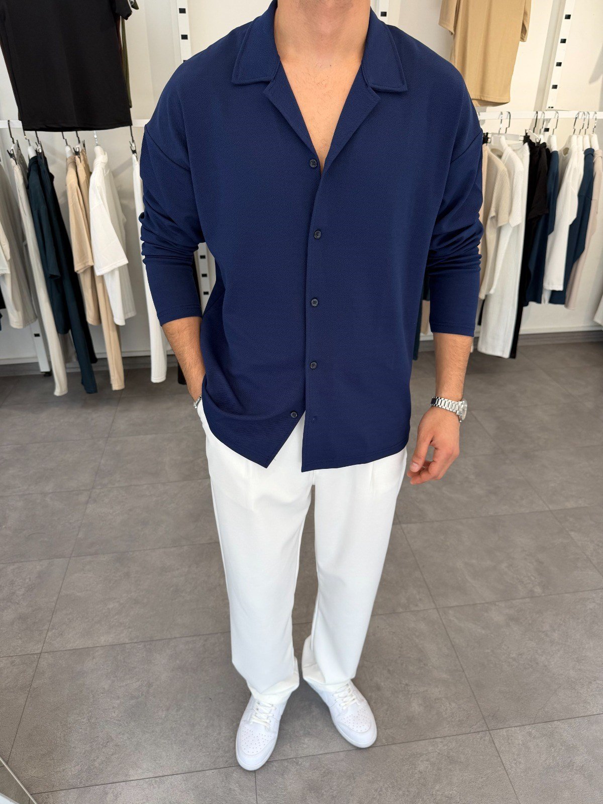 İthal Krep Oversize Gömlek Lacivert