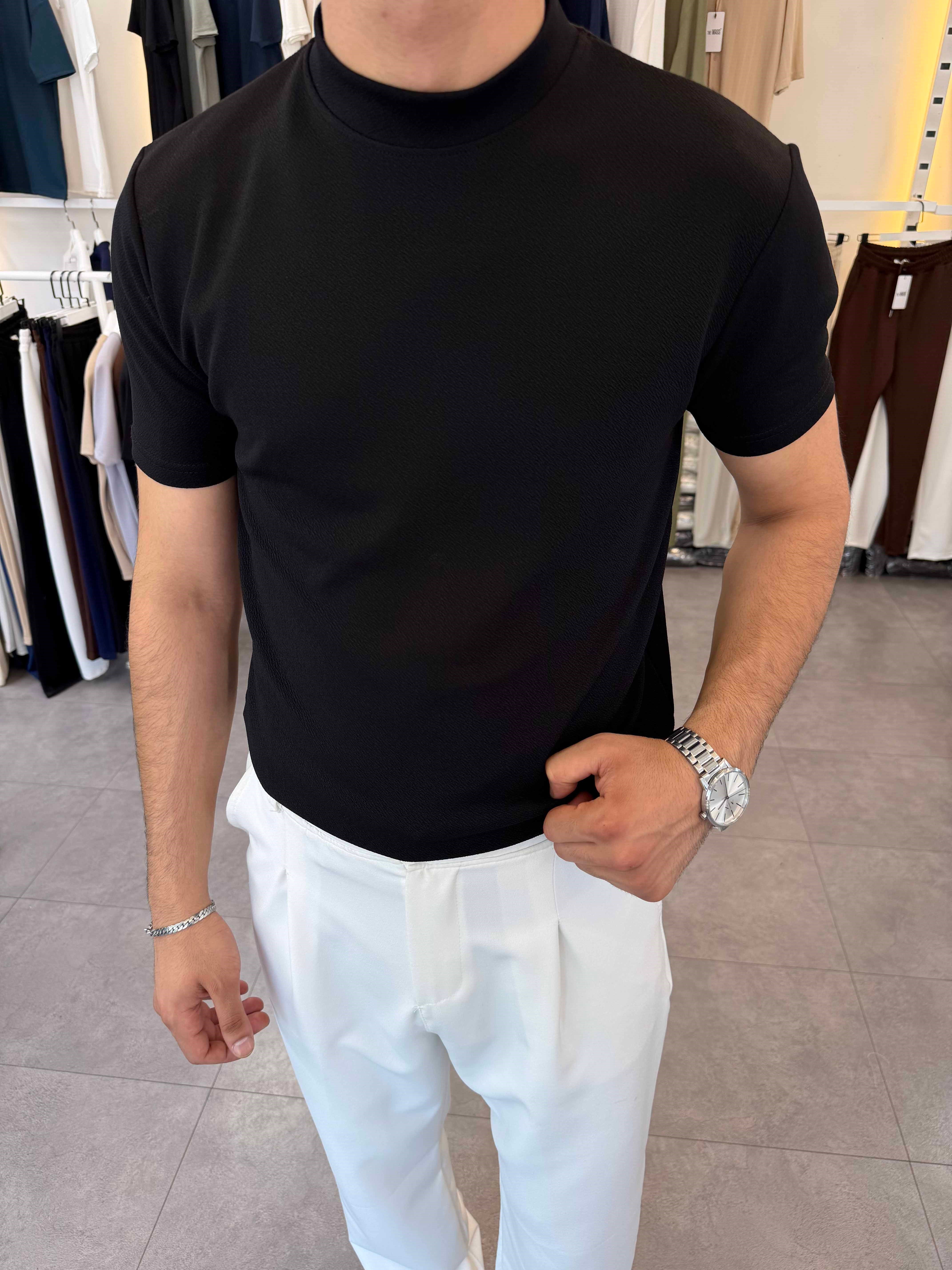 İthal Örme Krep Yarım Balıkçı Kısa Kol Premium Tişört Siyah