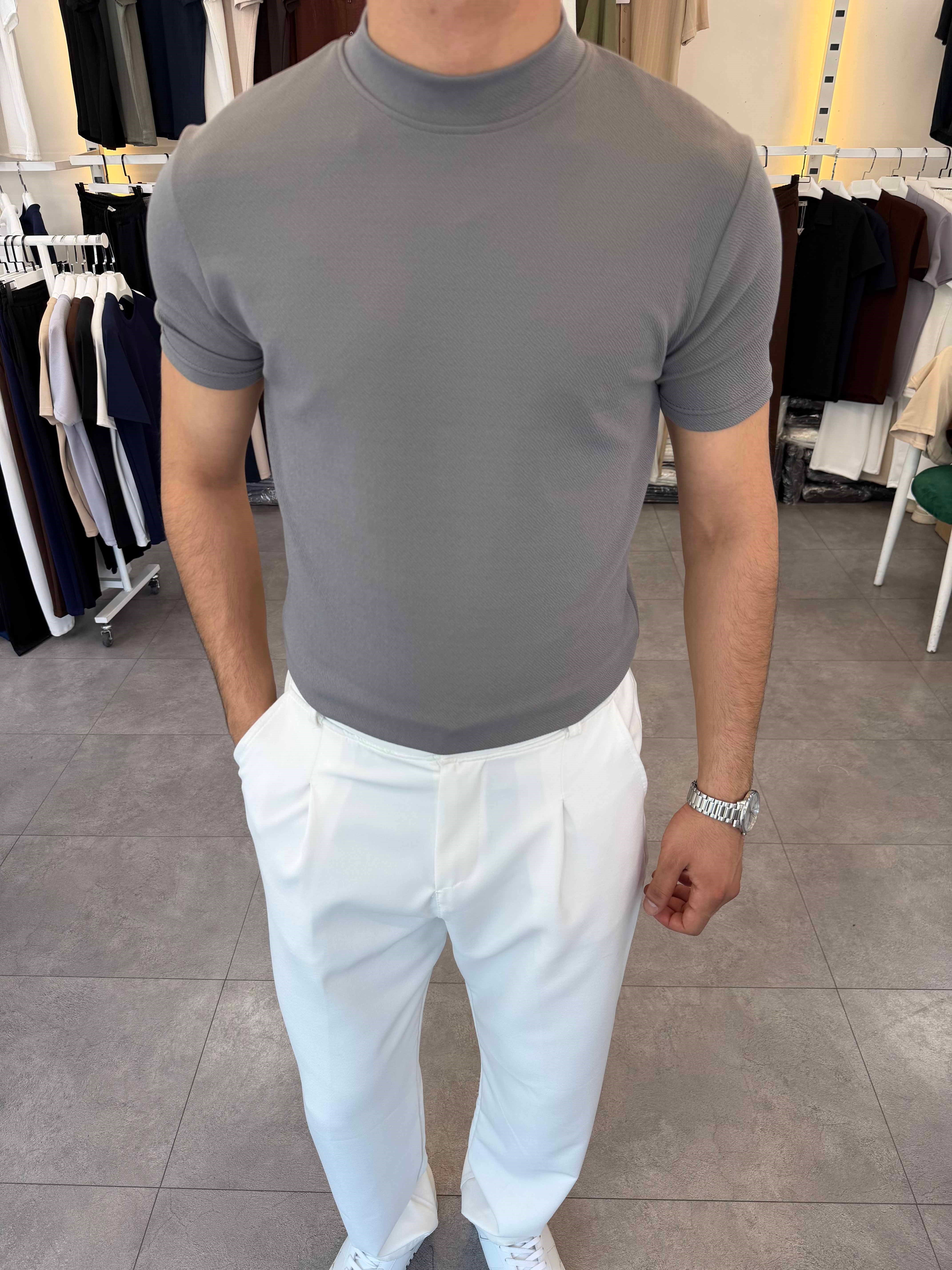 İthal Örme Krep Yarım Balıkçı Kısa Kol Premium Tişört Antrasit