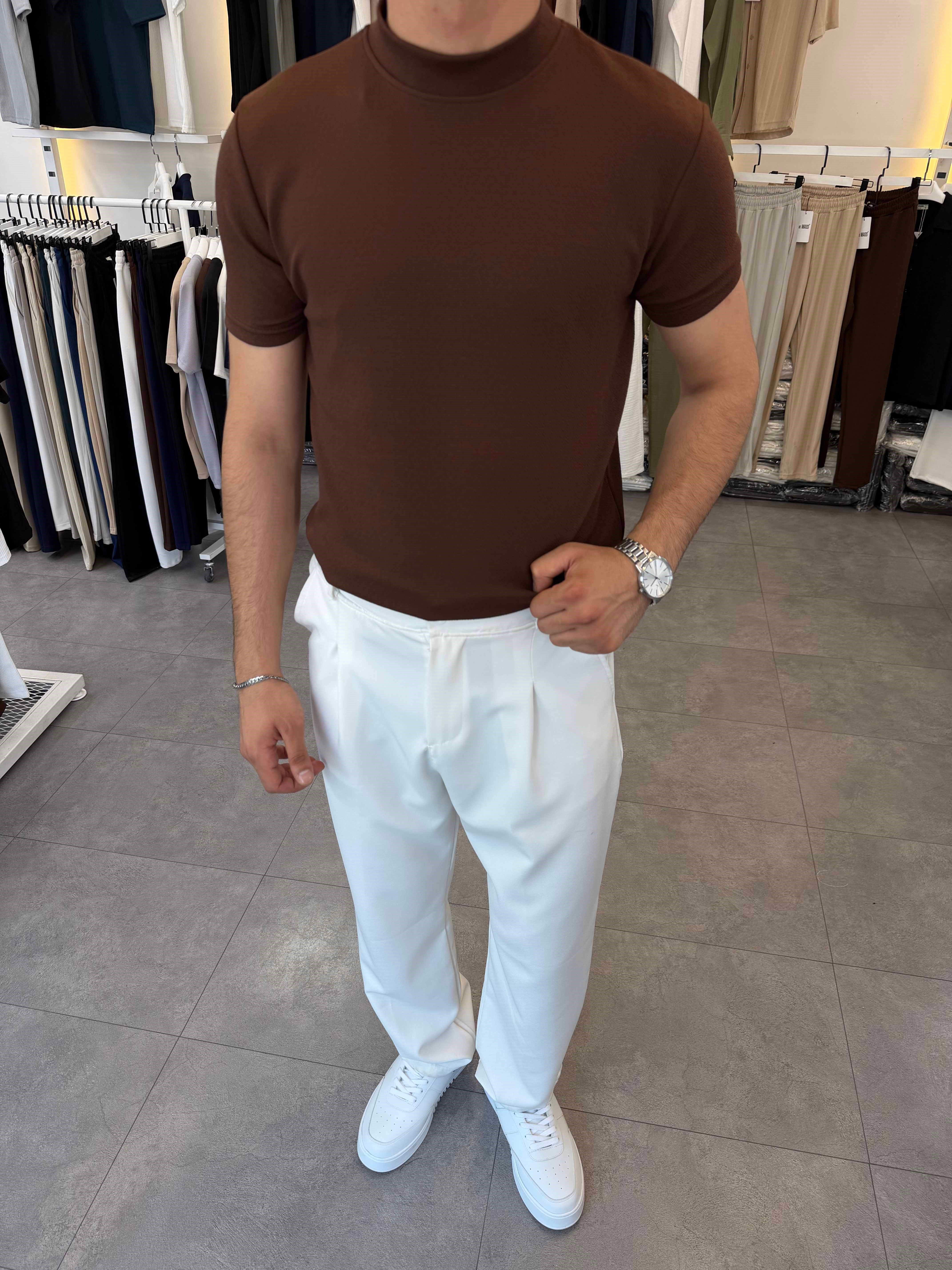 İthal Örme Krep Yarım Balıkçı Kısa Kol Premium Tişört Kahverengi