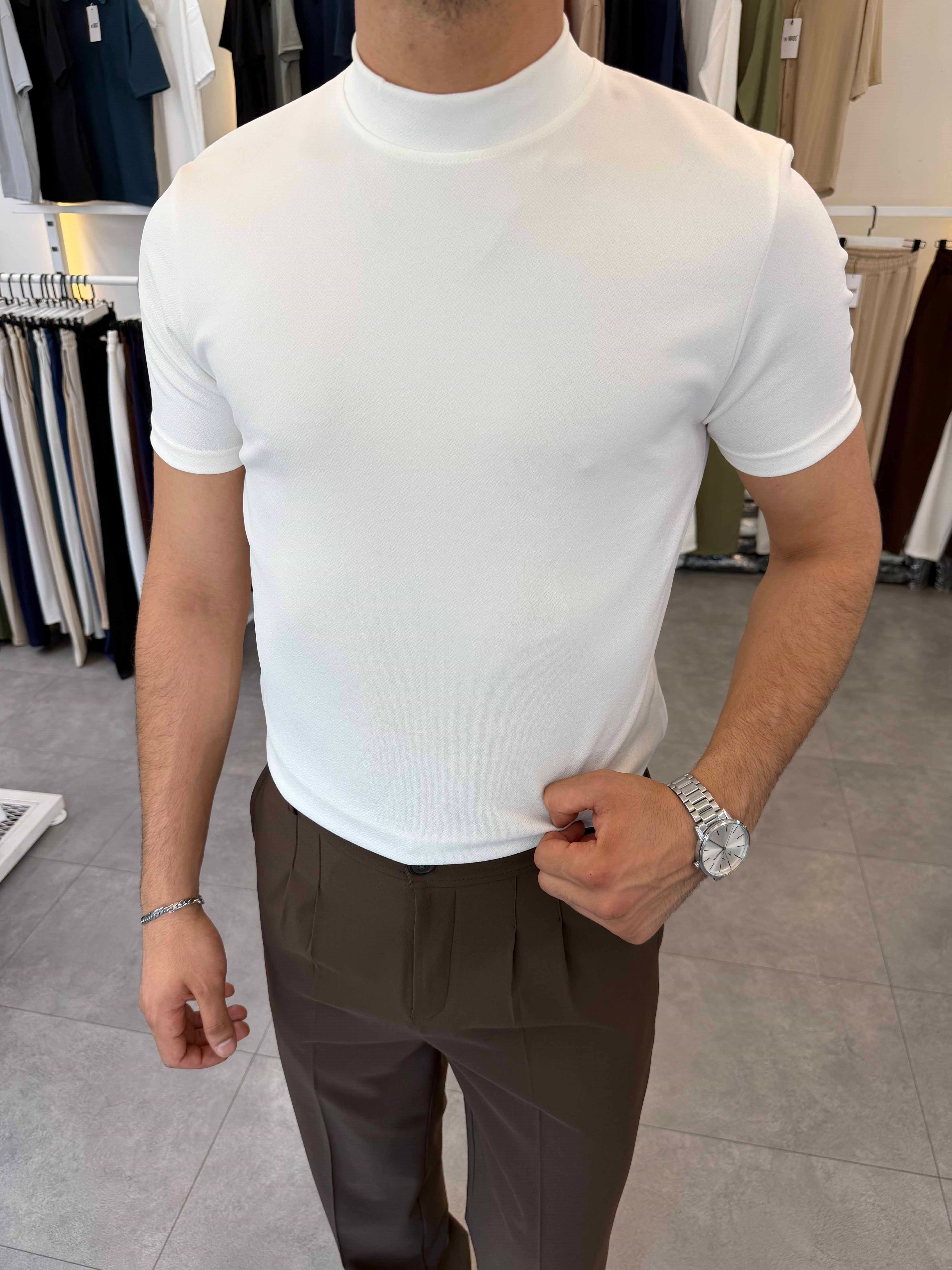 İthal Örme Krep Yarım Balıkçı Kısa Kol Premium Tişört Beyaz