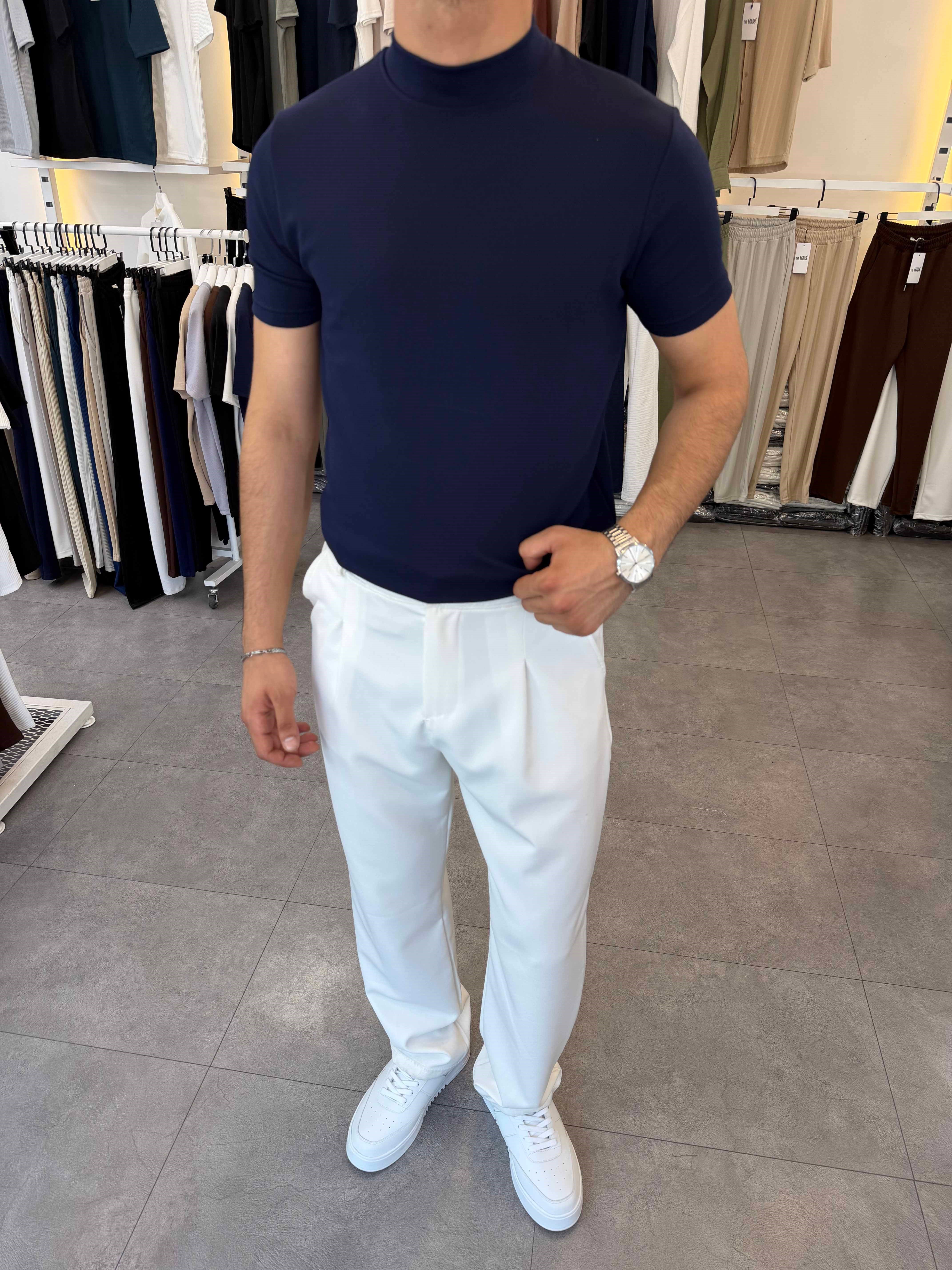 İthal Örme Krep Yarım Balıkçı Kısa Kol Premium Tişört Lacivert