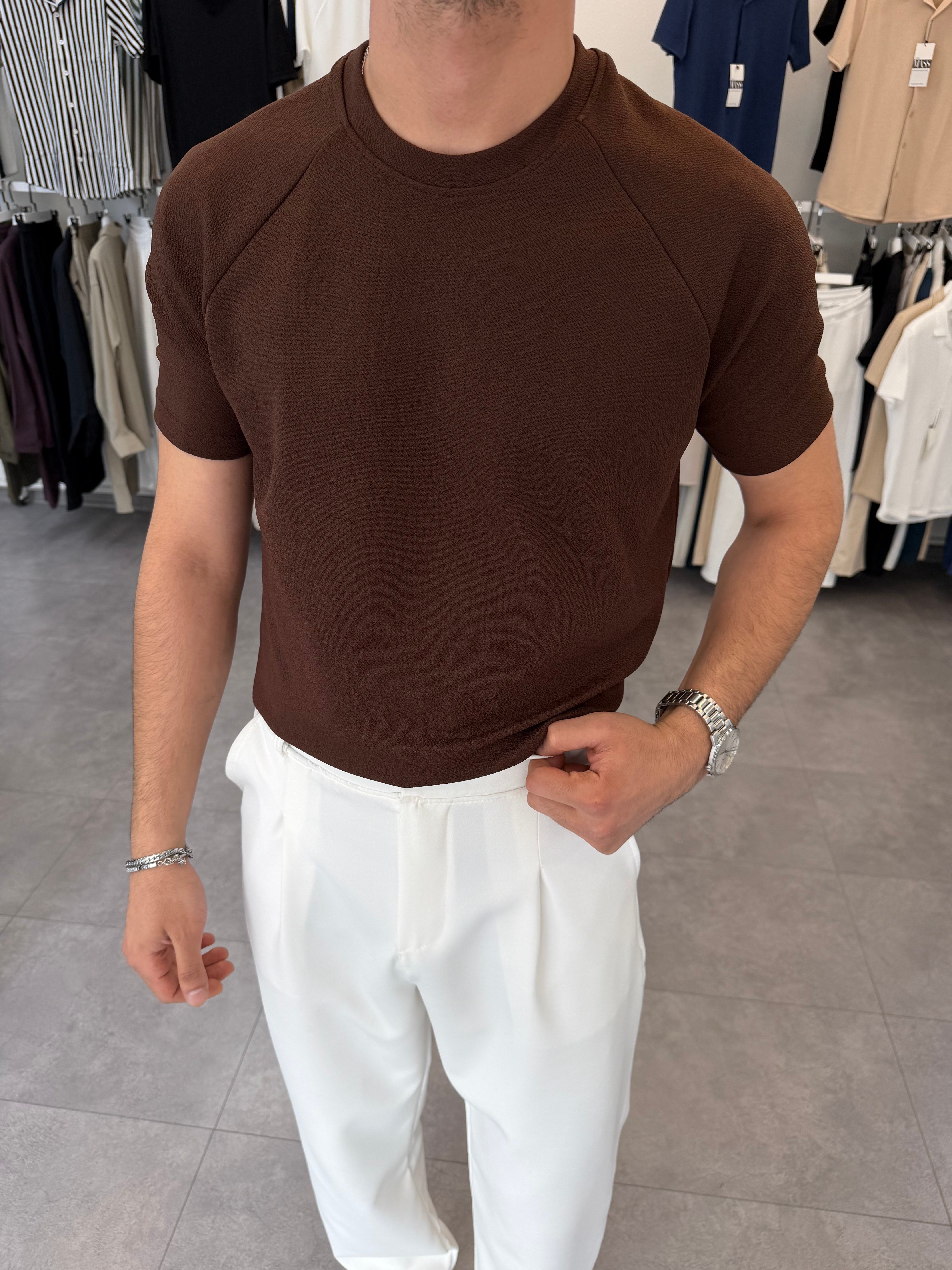 İthal Örme Reglan Kol Tişört Kahve