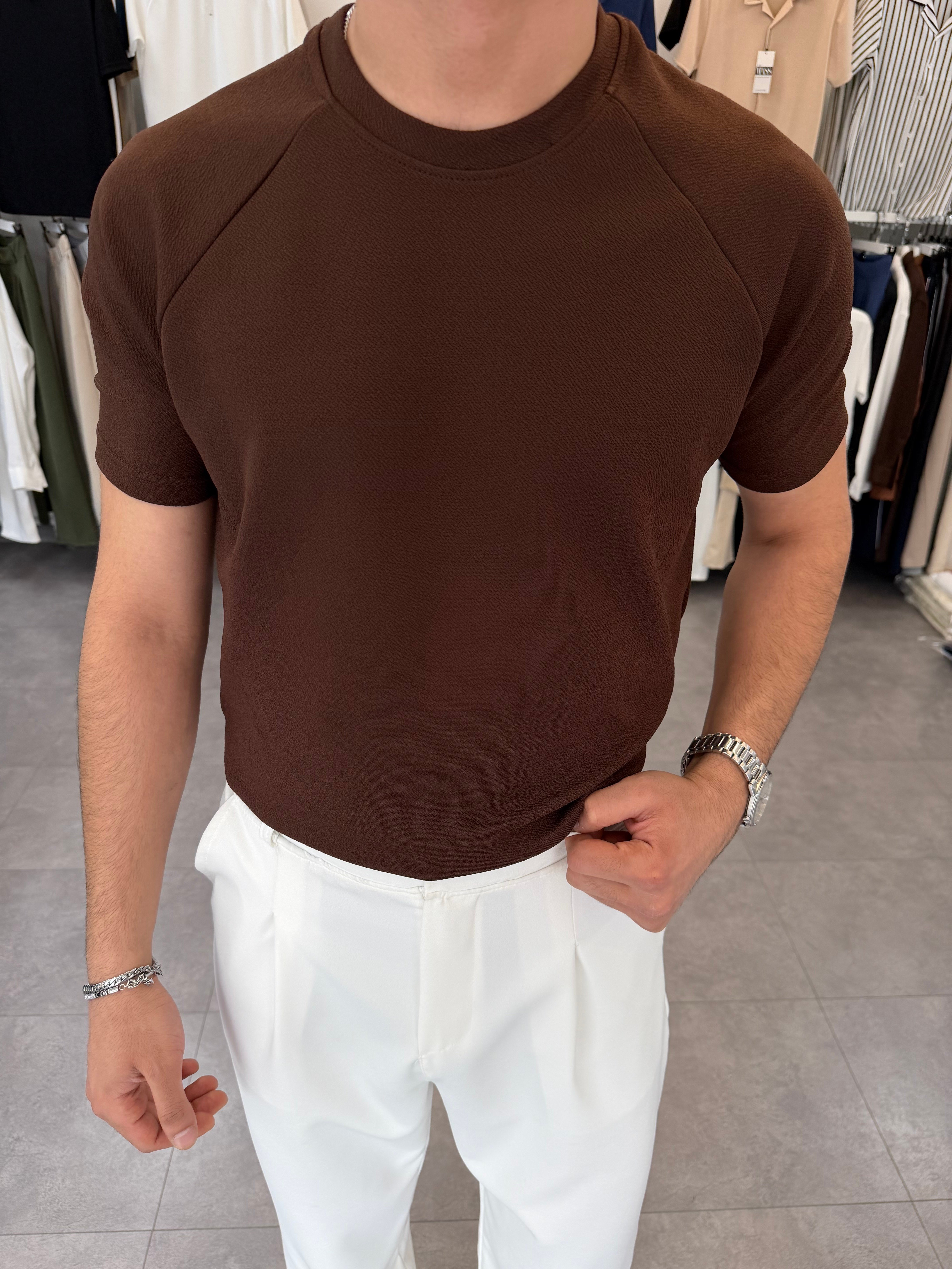 İthal Örme Reglan Kol Tişört Kahve