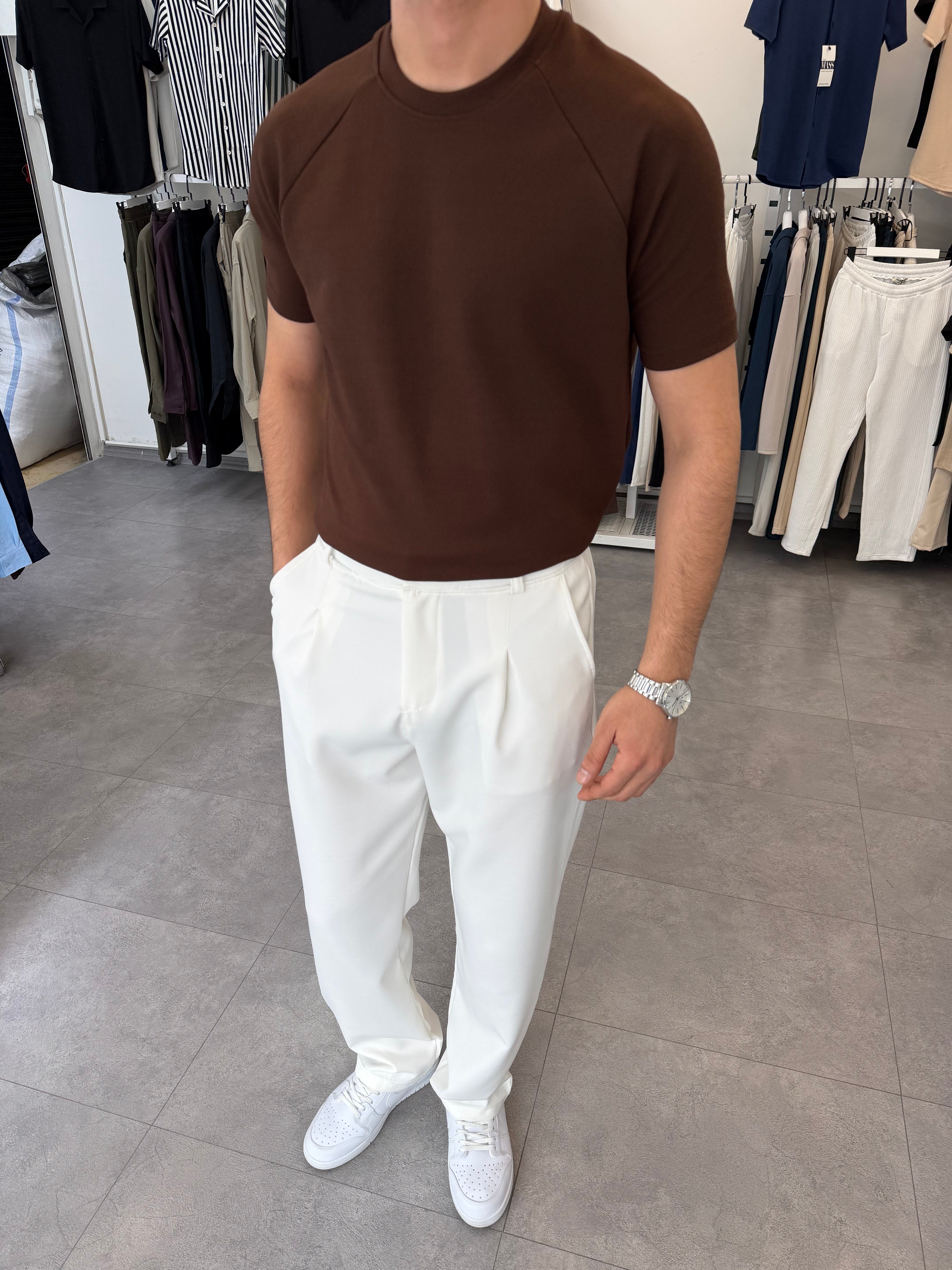 İthal Örme Reglan Kol Tişört Kahve