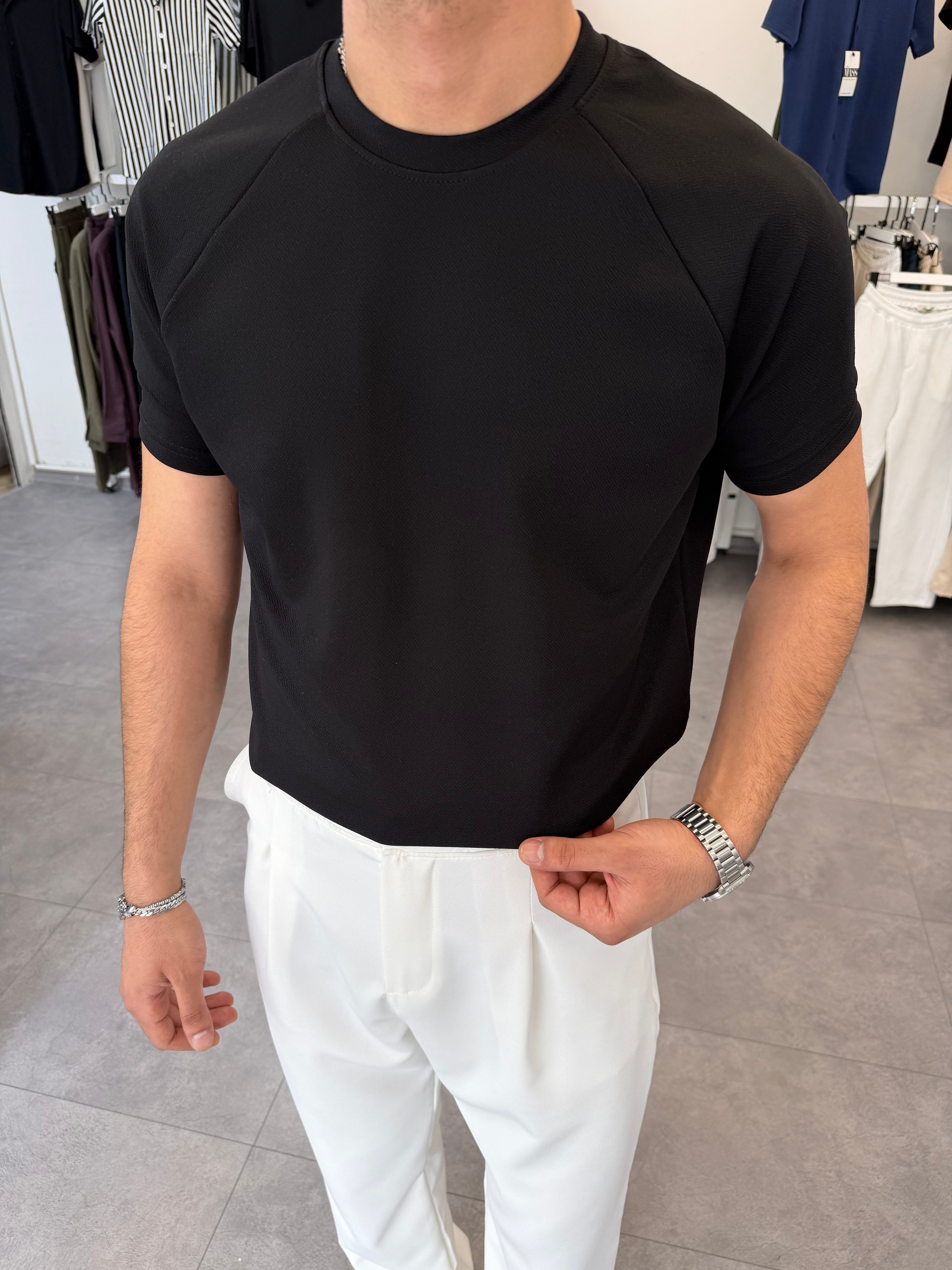 İthal Örme Reglan Kol Tişört Siyah