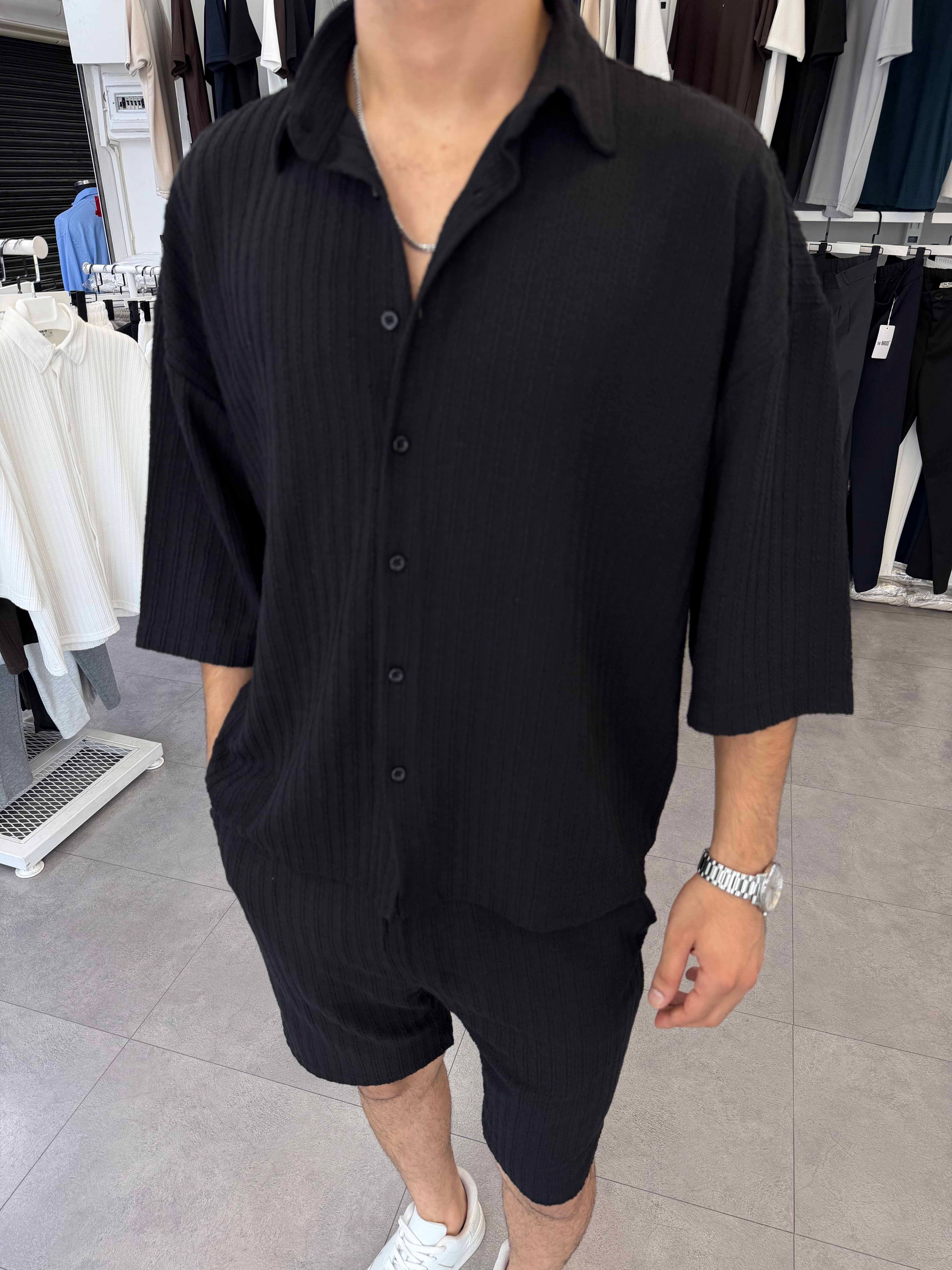 İthal Oversize Crop Kesim Şortlu Takım Siyah