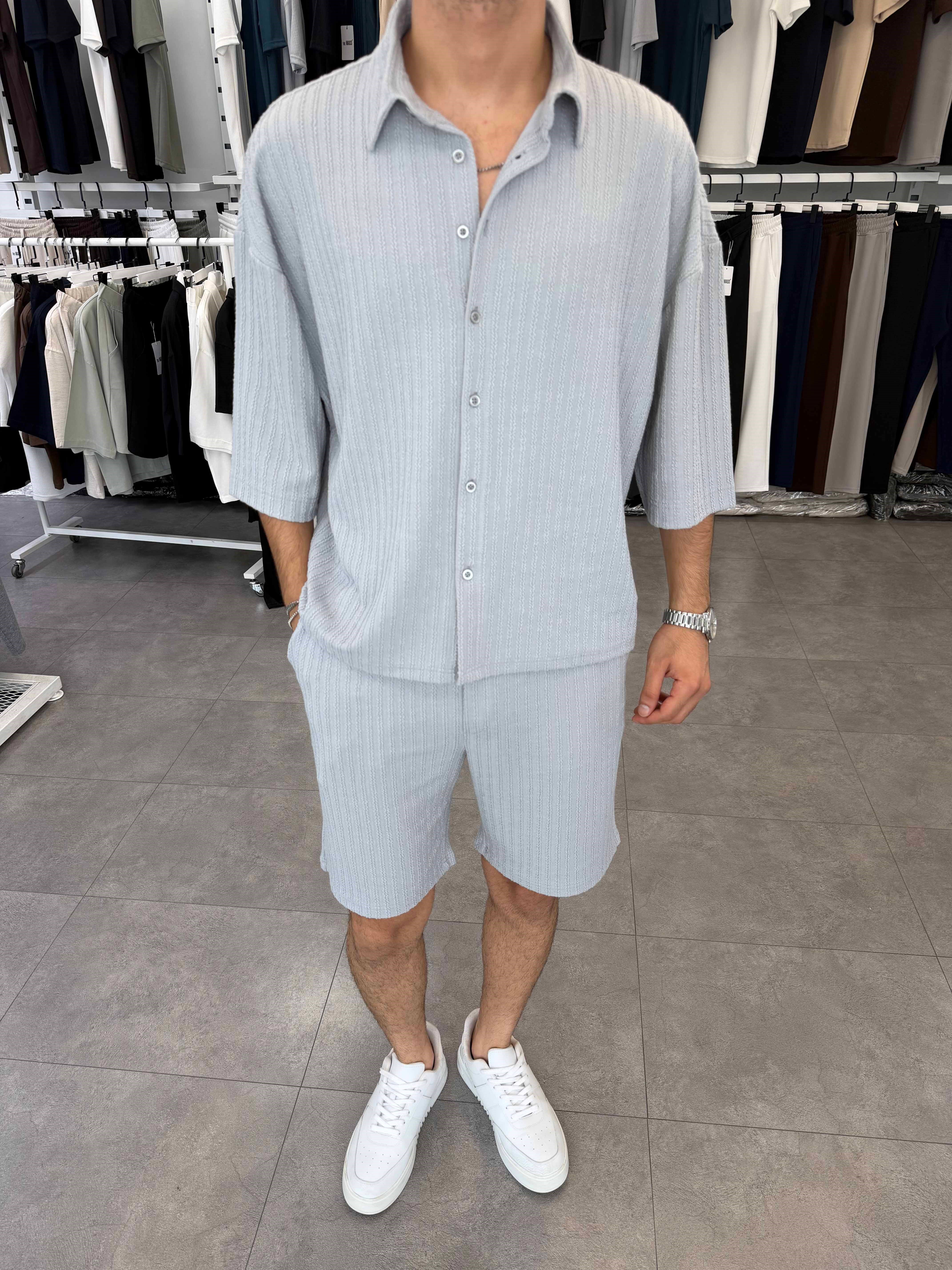 İthal Oversize Crop Kesim Şortlu Takım Gri