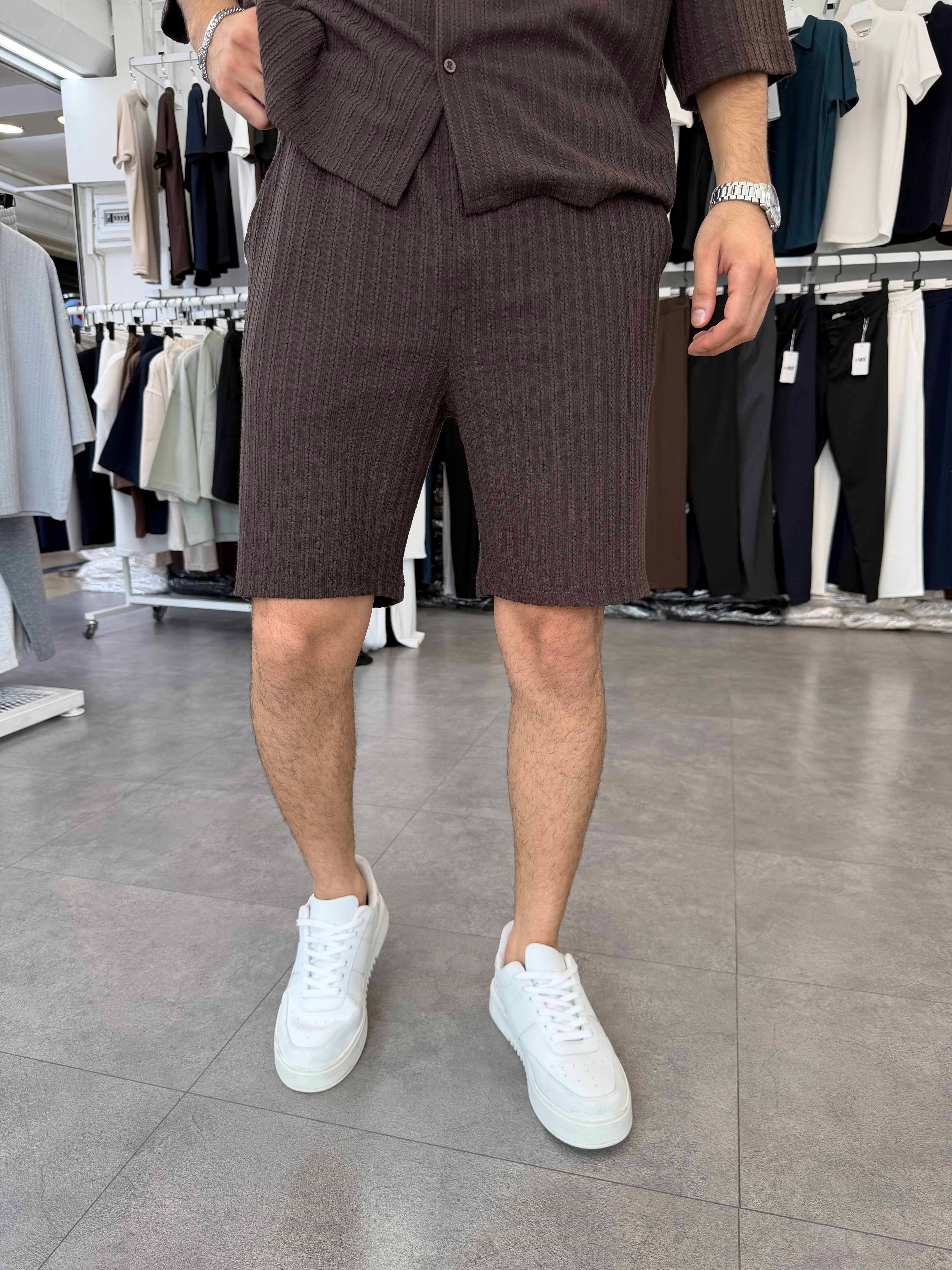 İthal Oversize Crop Kesim Şortlu Takım Kahverengi