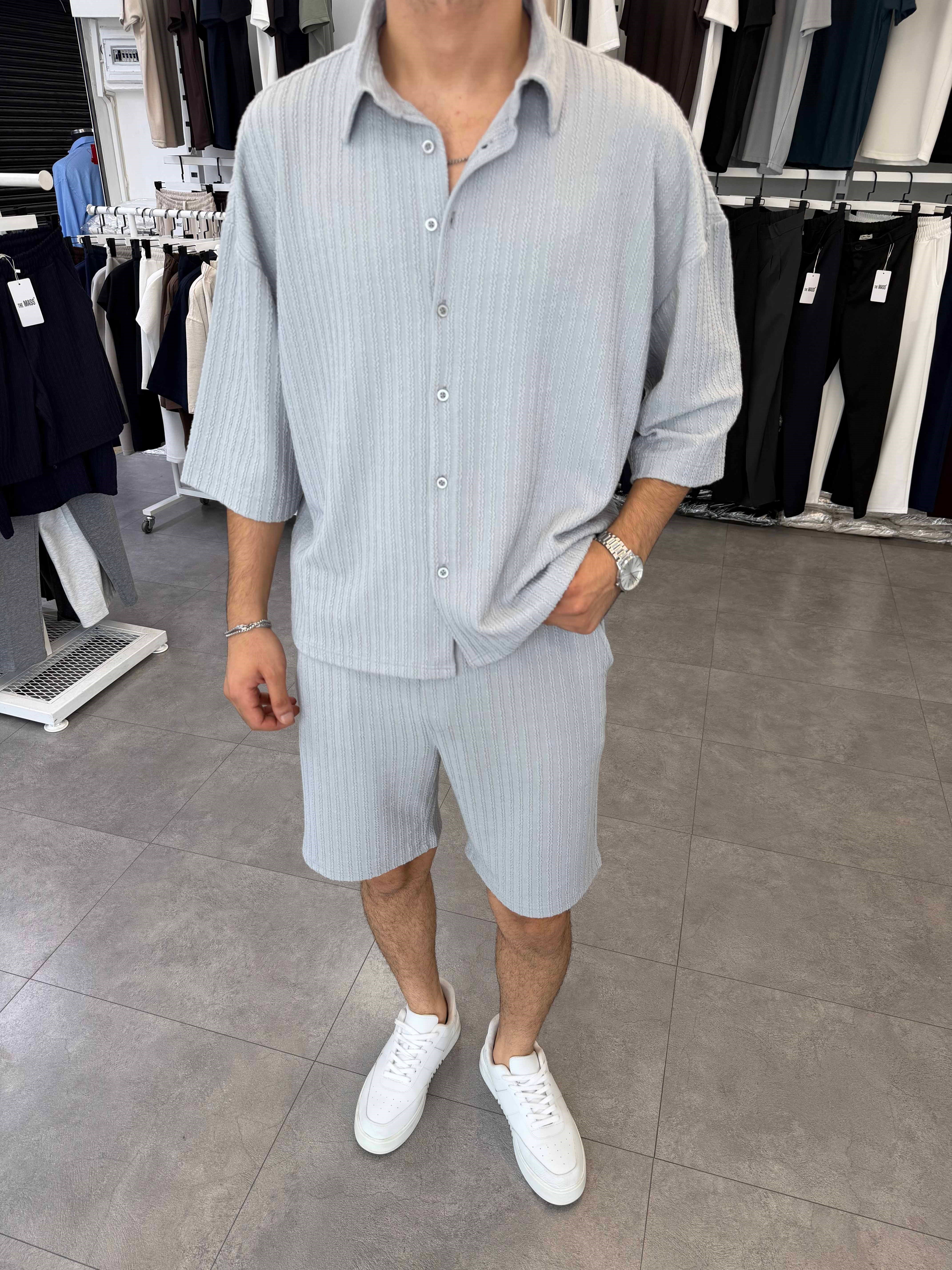 İthal Oversize Crop Kesim Şortlu Takım Gri