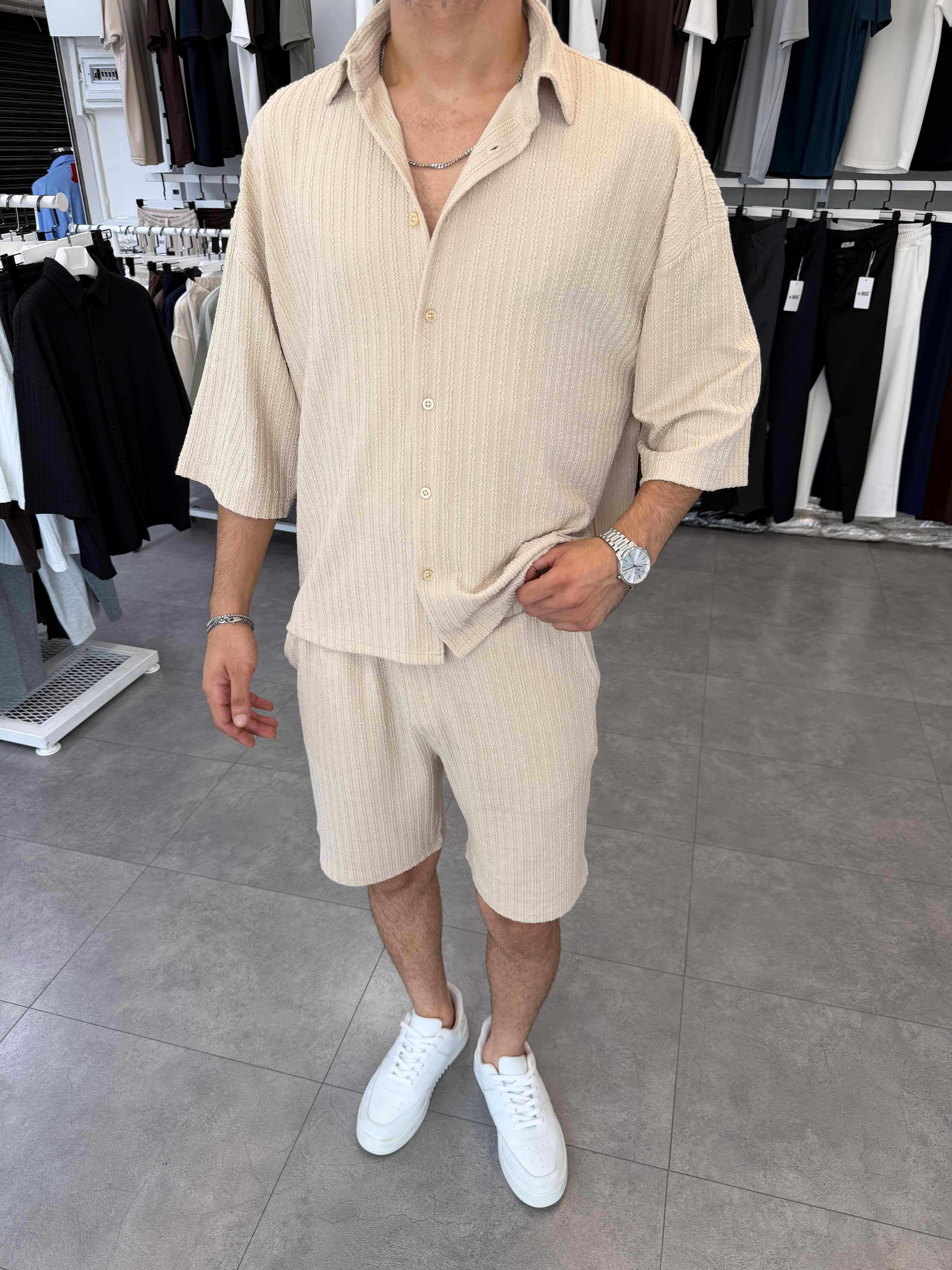 İthal Oversize Crop Kesim Şortlu Takım Bej