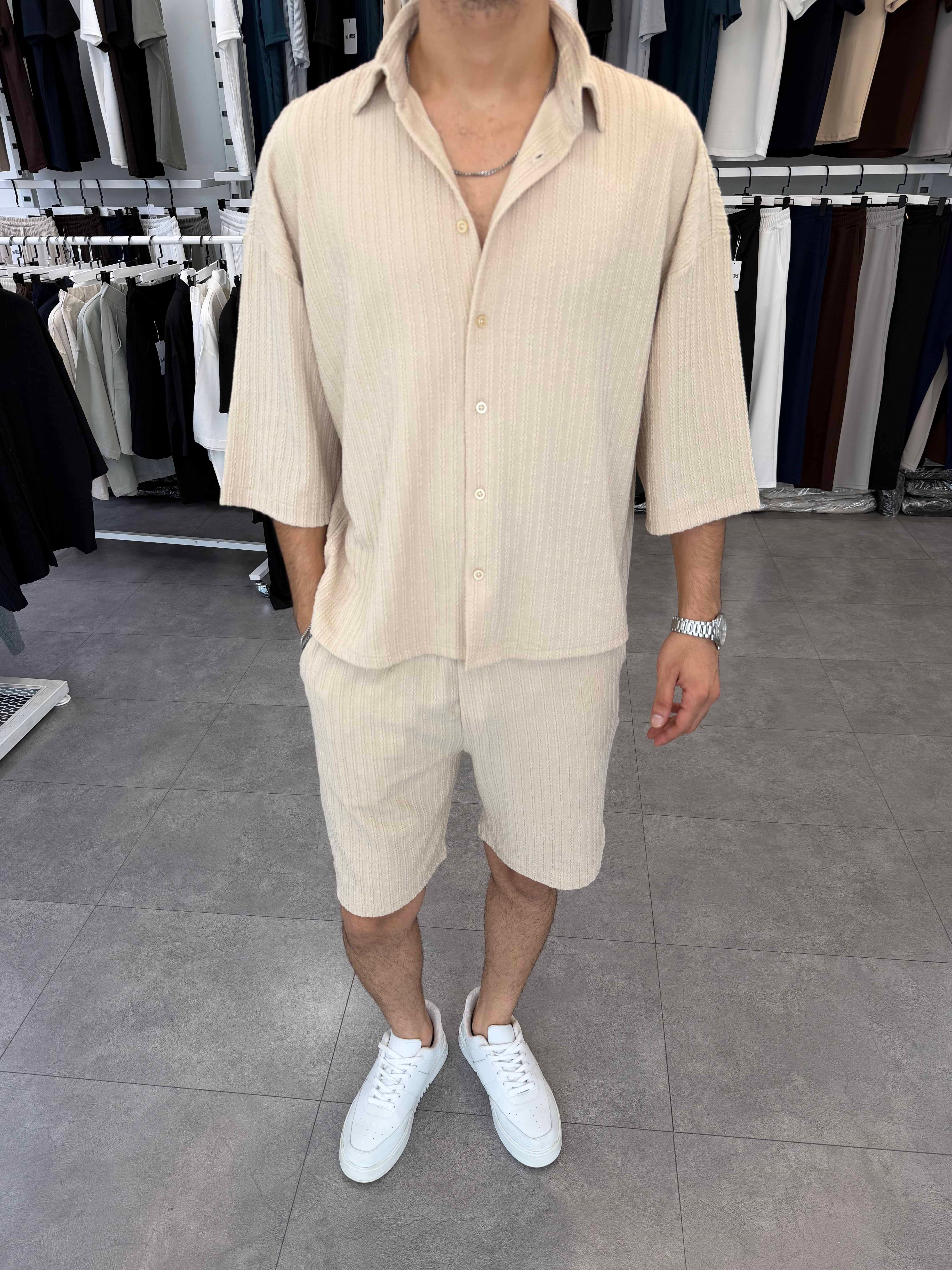İthal Oversize Crop Kesim Şortlu Takım Bej