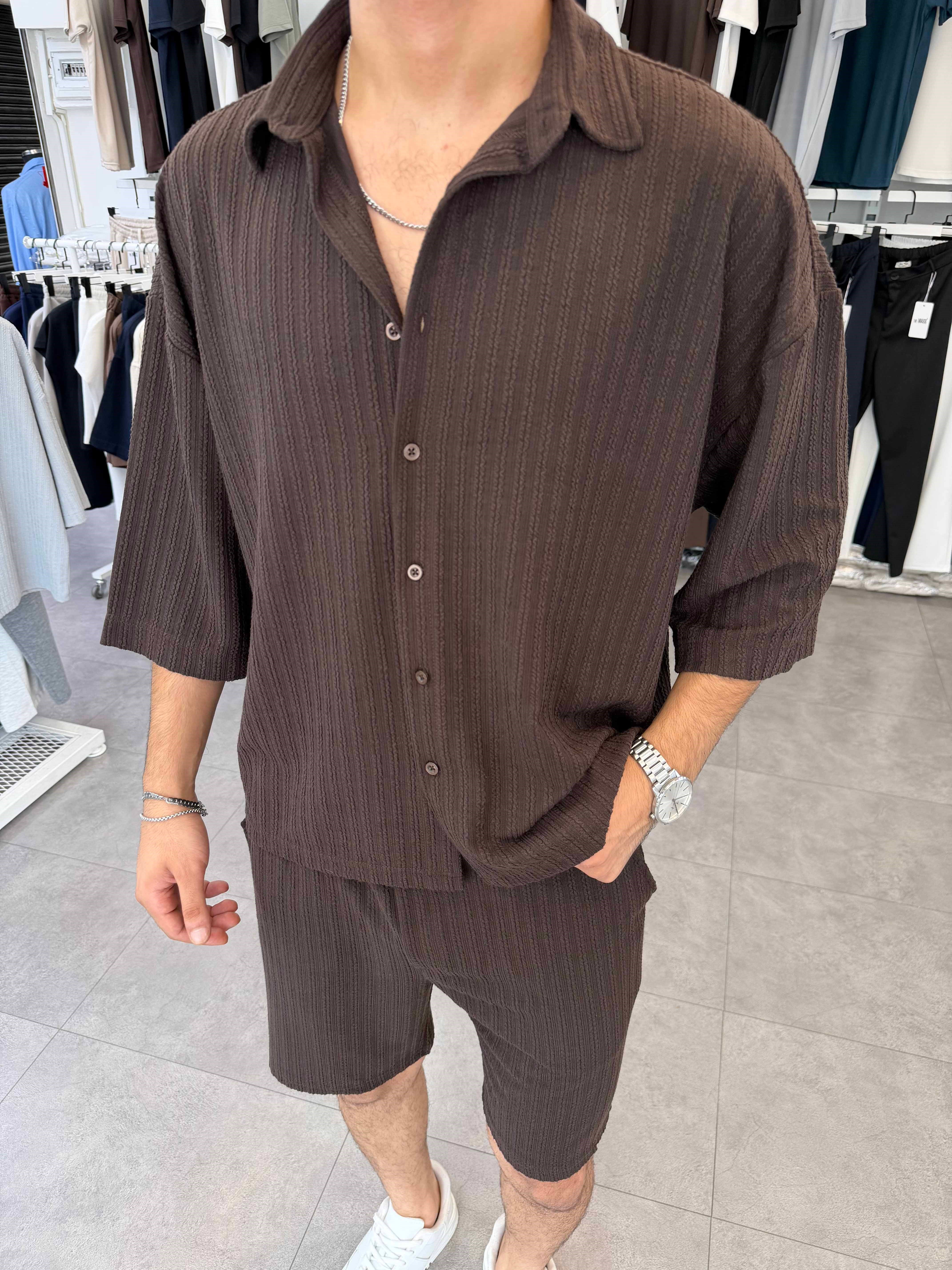 İthal Oversize Crop Kesim Şortlu Takım Kahverengi
