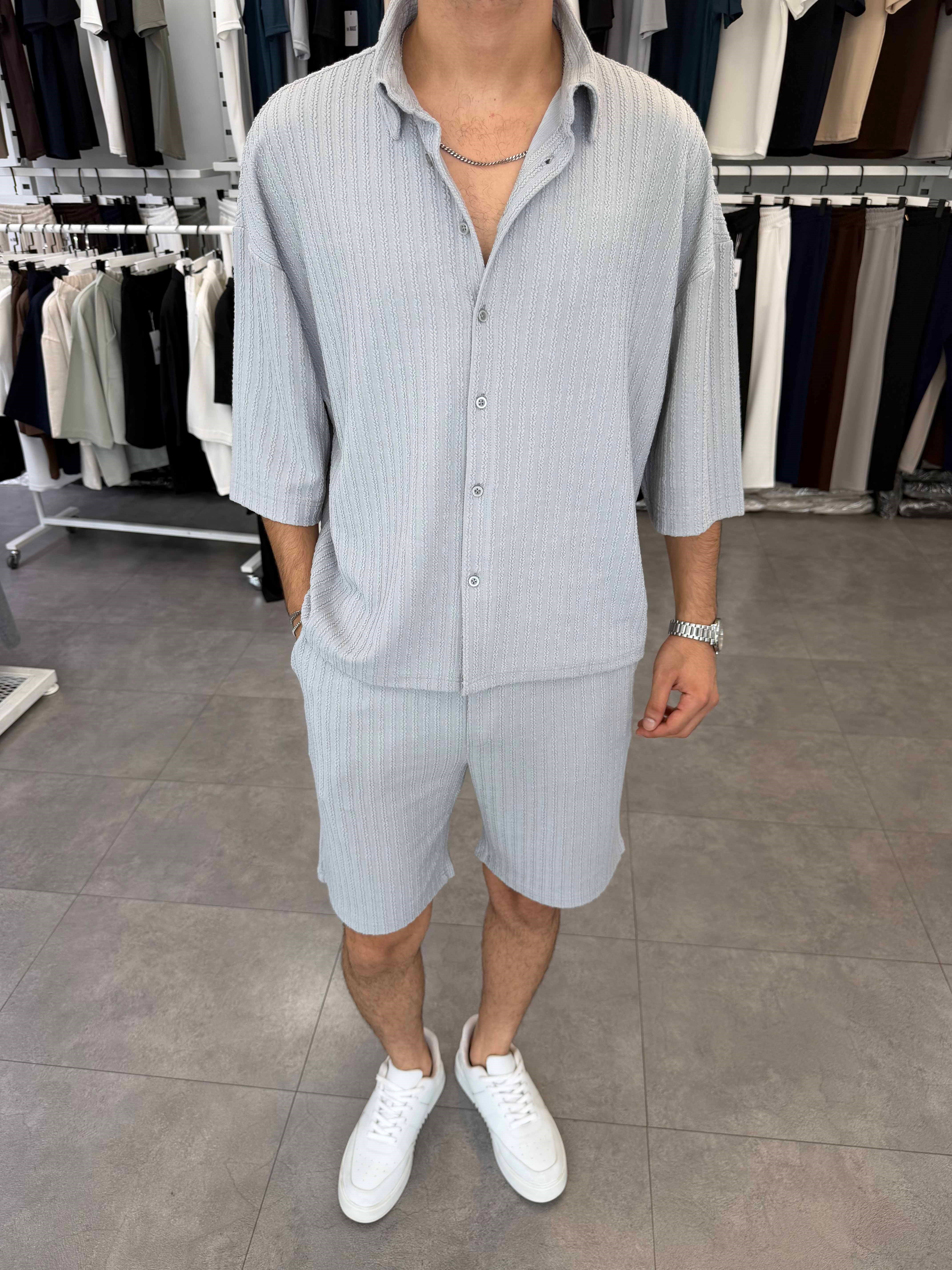 İthal Oversize Crop Kesim Şortlu Takım Gri