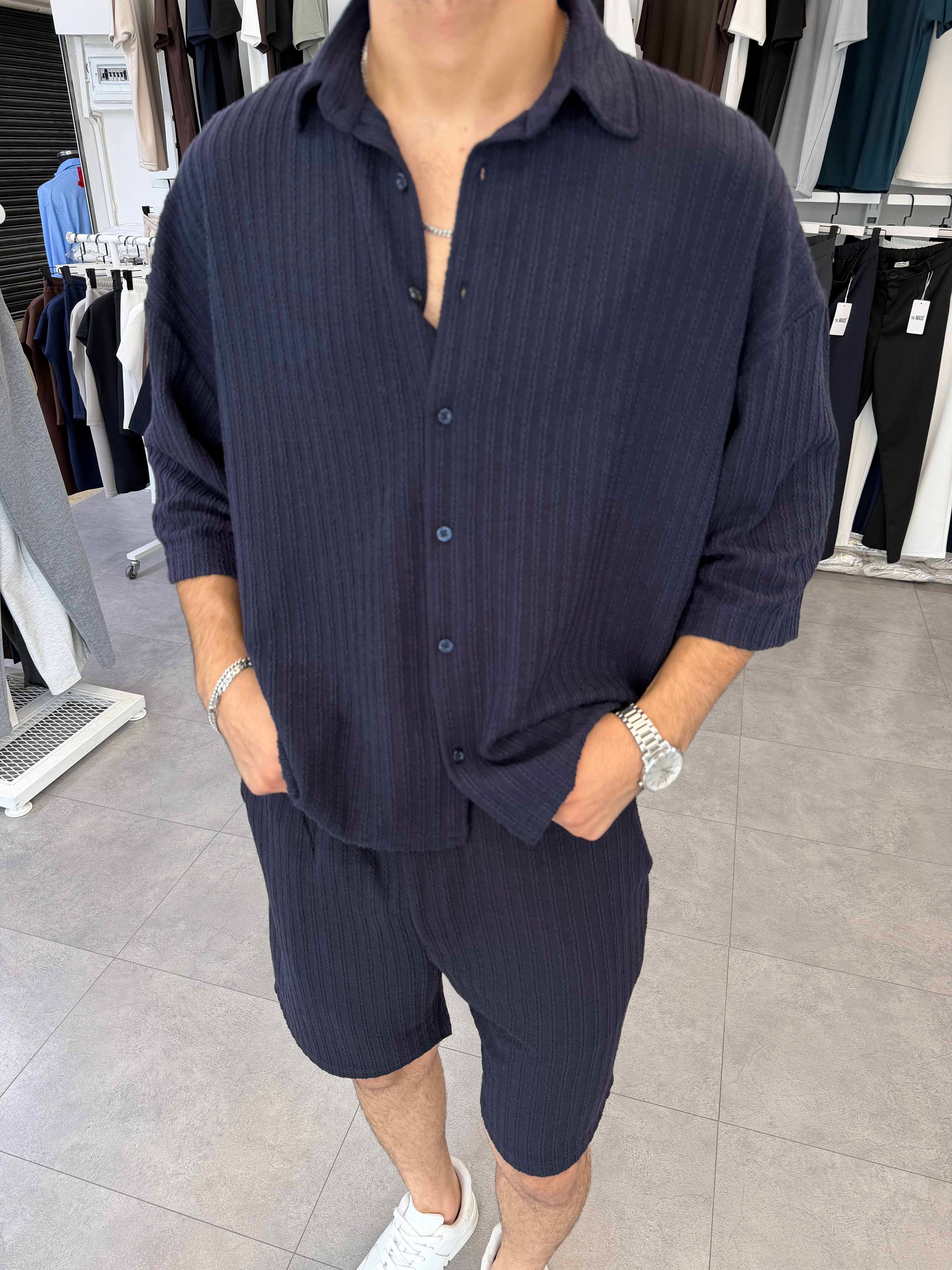 İthal Oversize Crop Kesim Şortlu Takım Lacivert