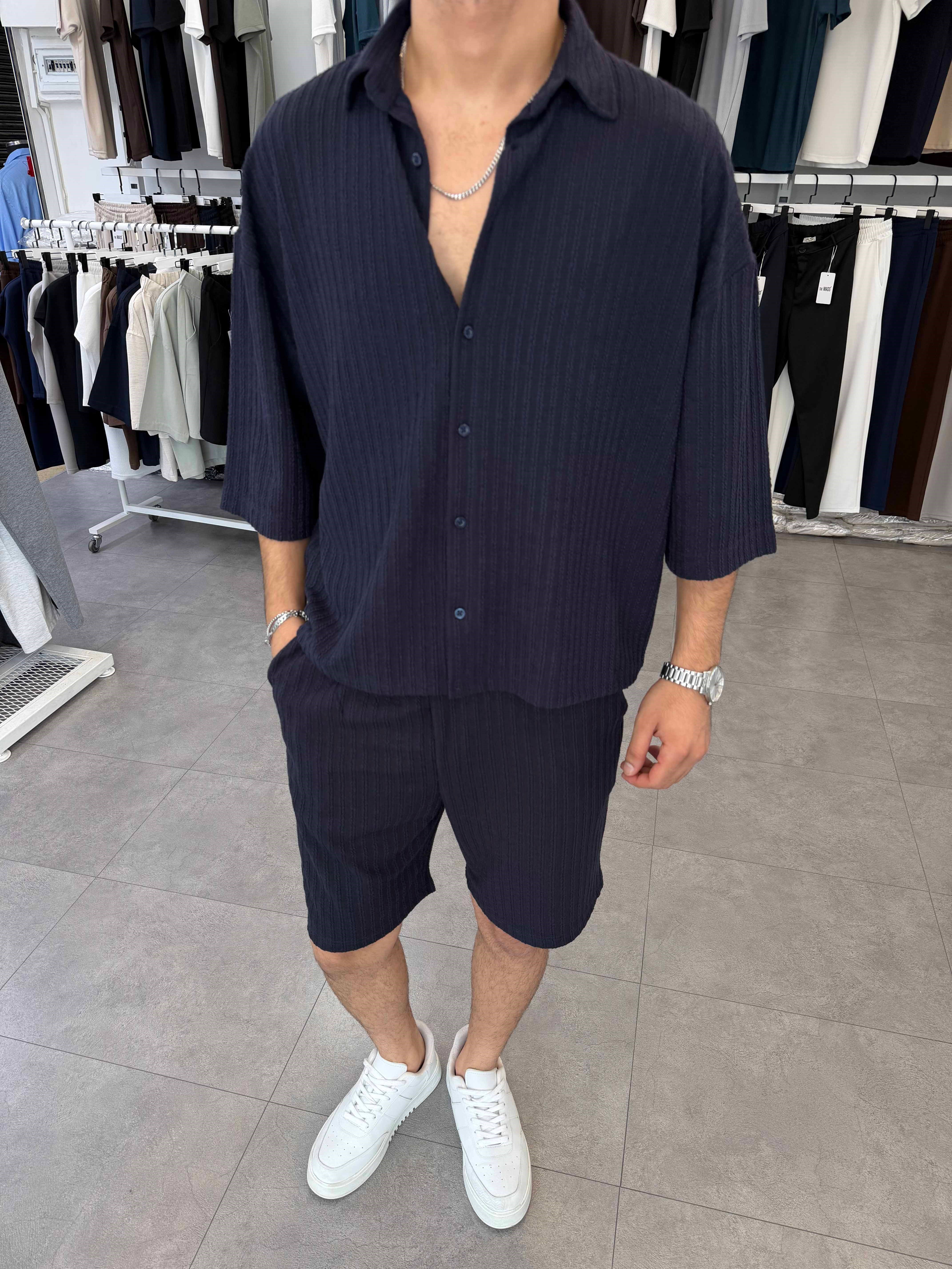 İthal Oversize Crop Kesim Şortlu Takım Lacivert